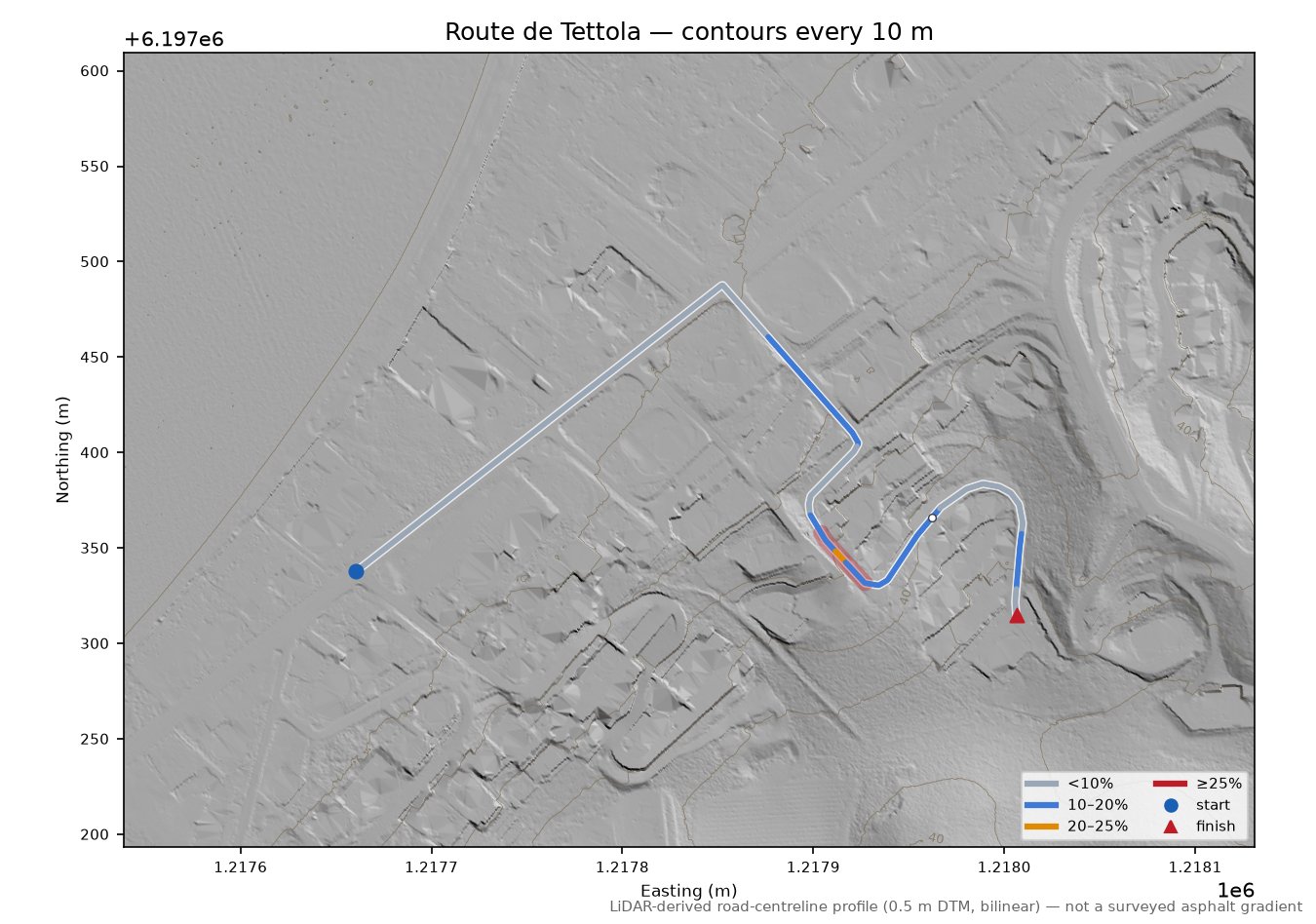 Route de Tettola LiDAR hillshade map with contours
