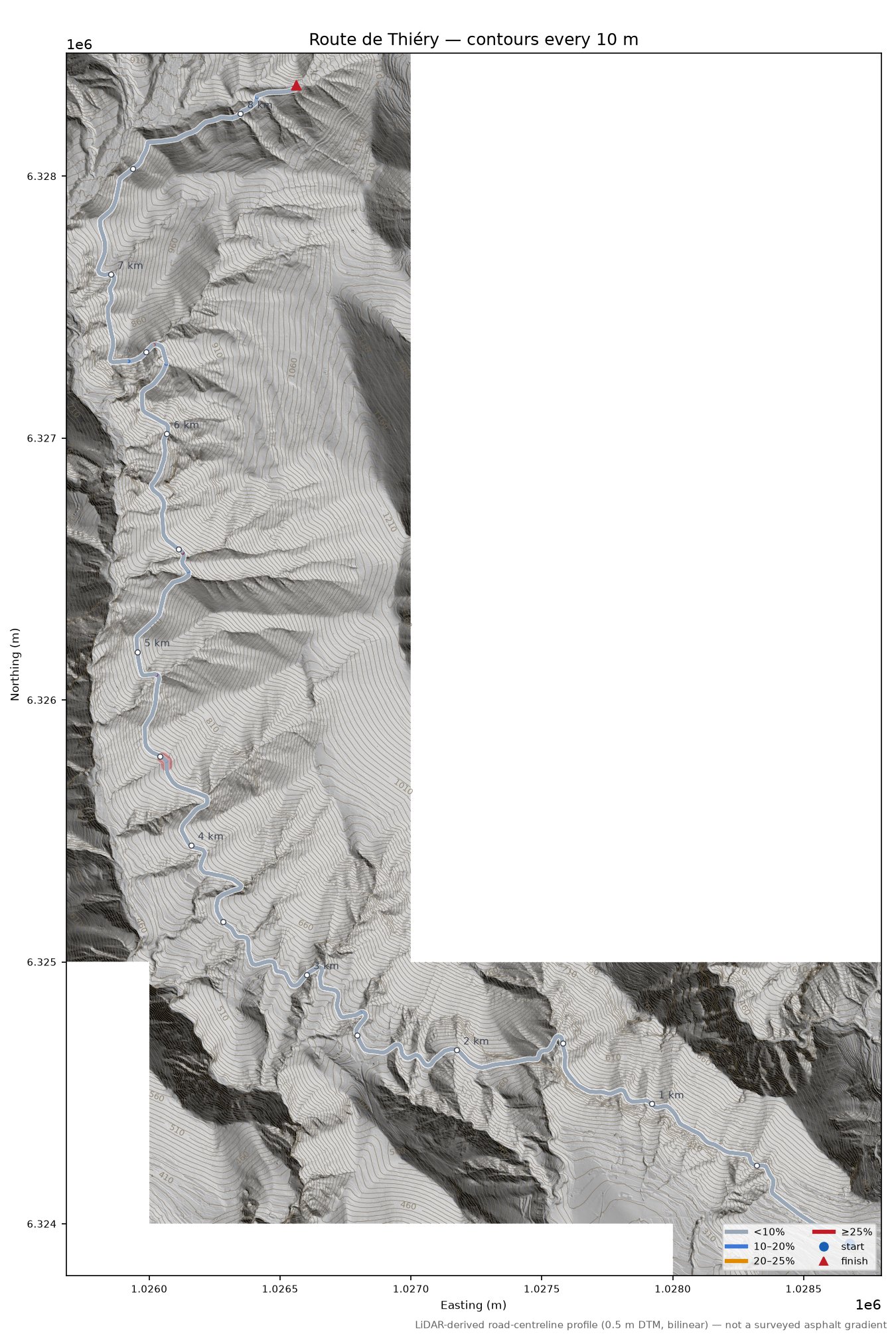 Route de Thiéry LiDAR hillshade map with contours