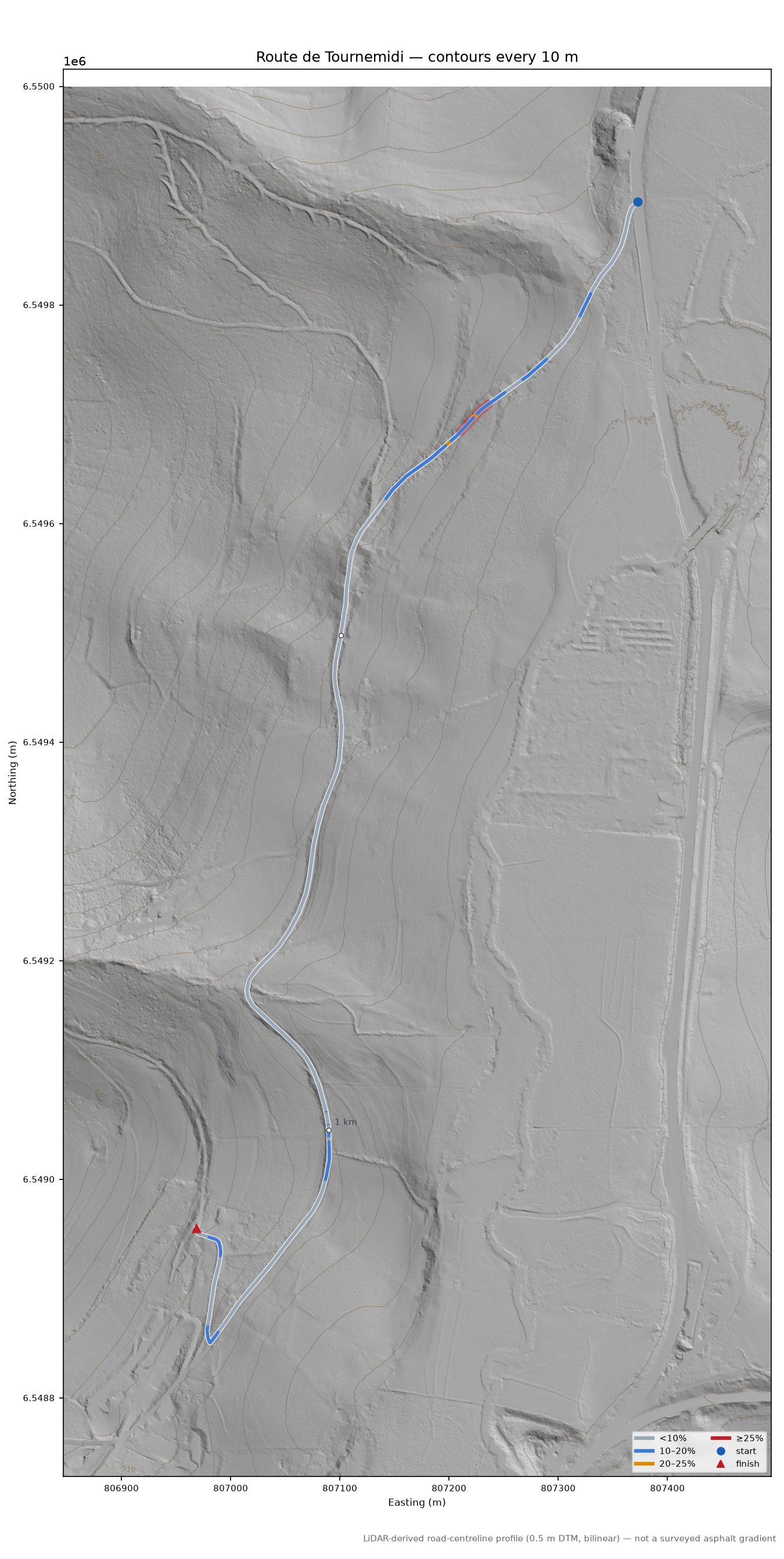 Route de Tournemidi LiDAR hillshade map with contours