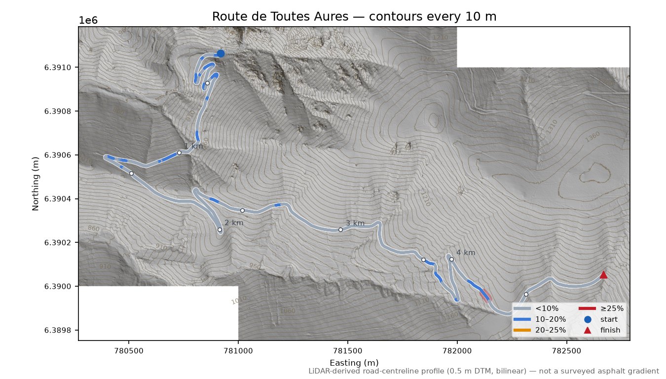 Route de Toutes Aures LiDAR hillshade map with contours