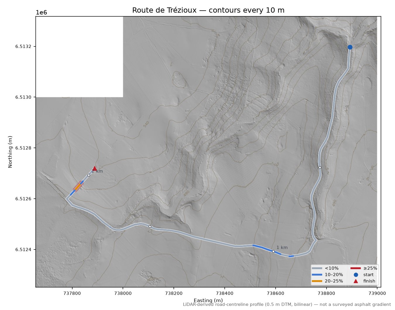 Route de Trézioux LiDAR hillshade map with contours