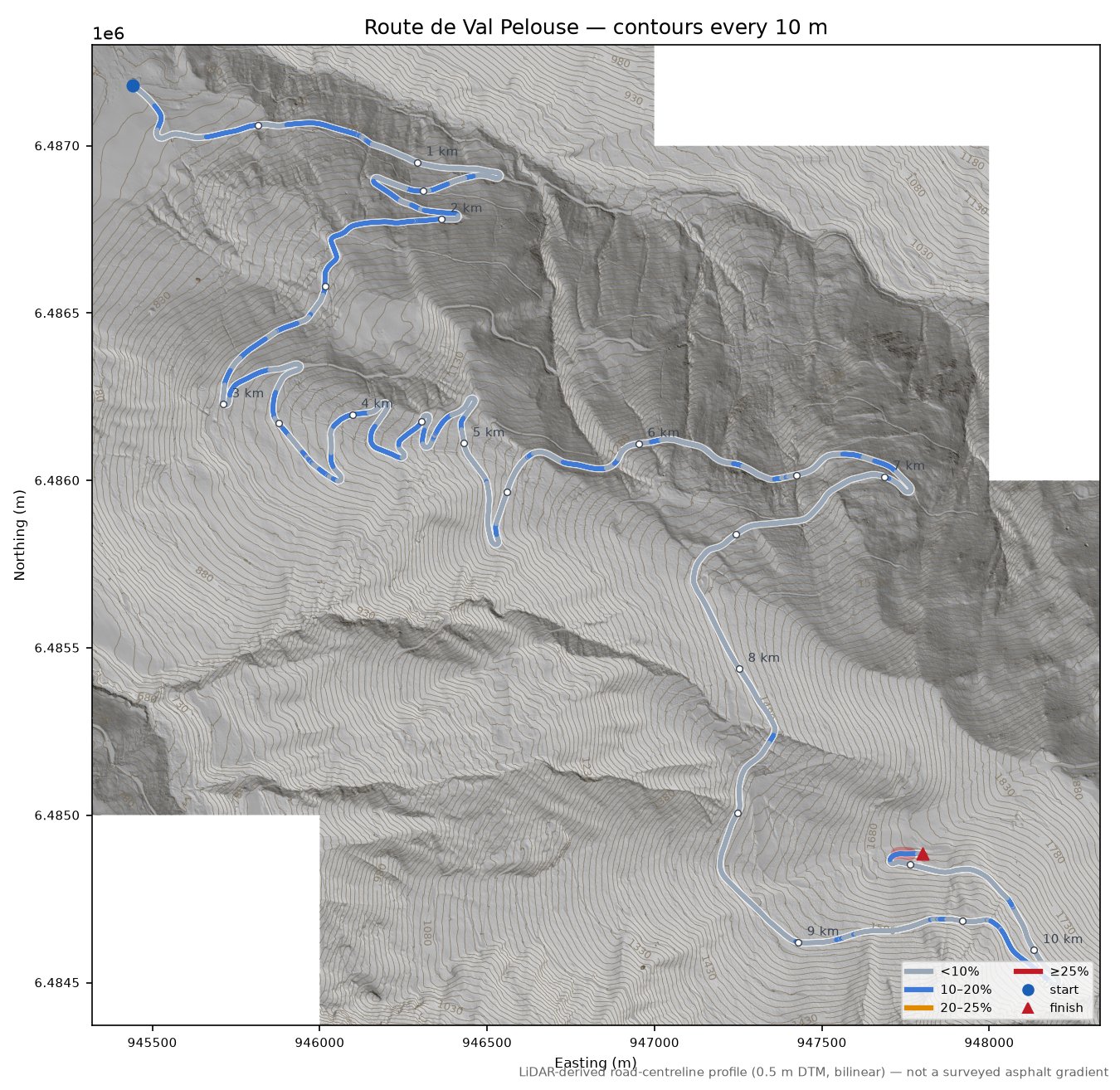 Route de Val Pelouse LiDAR hillshade map with contours
