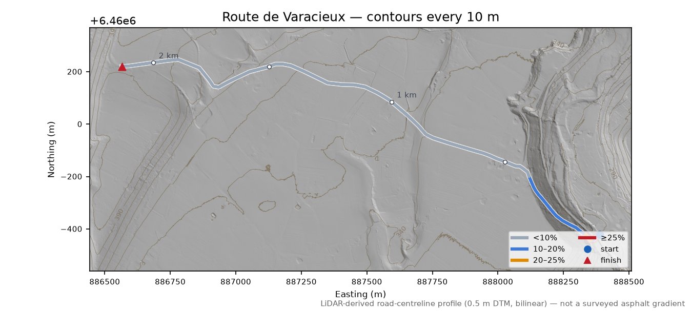 Route de Varacieux LiDAR hillshade map with contours