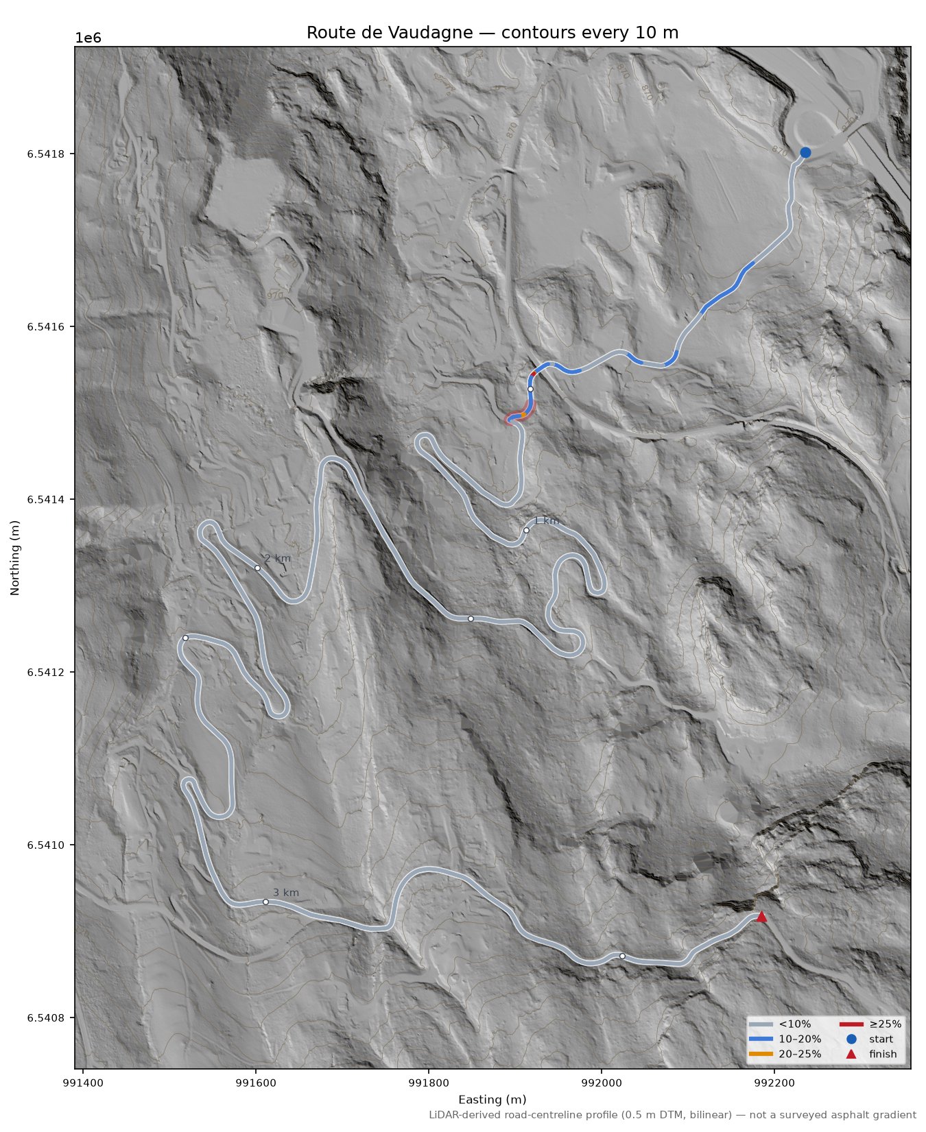 Route de Vaudagne LiDAR hillshade map with contours
