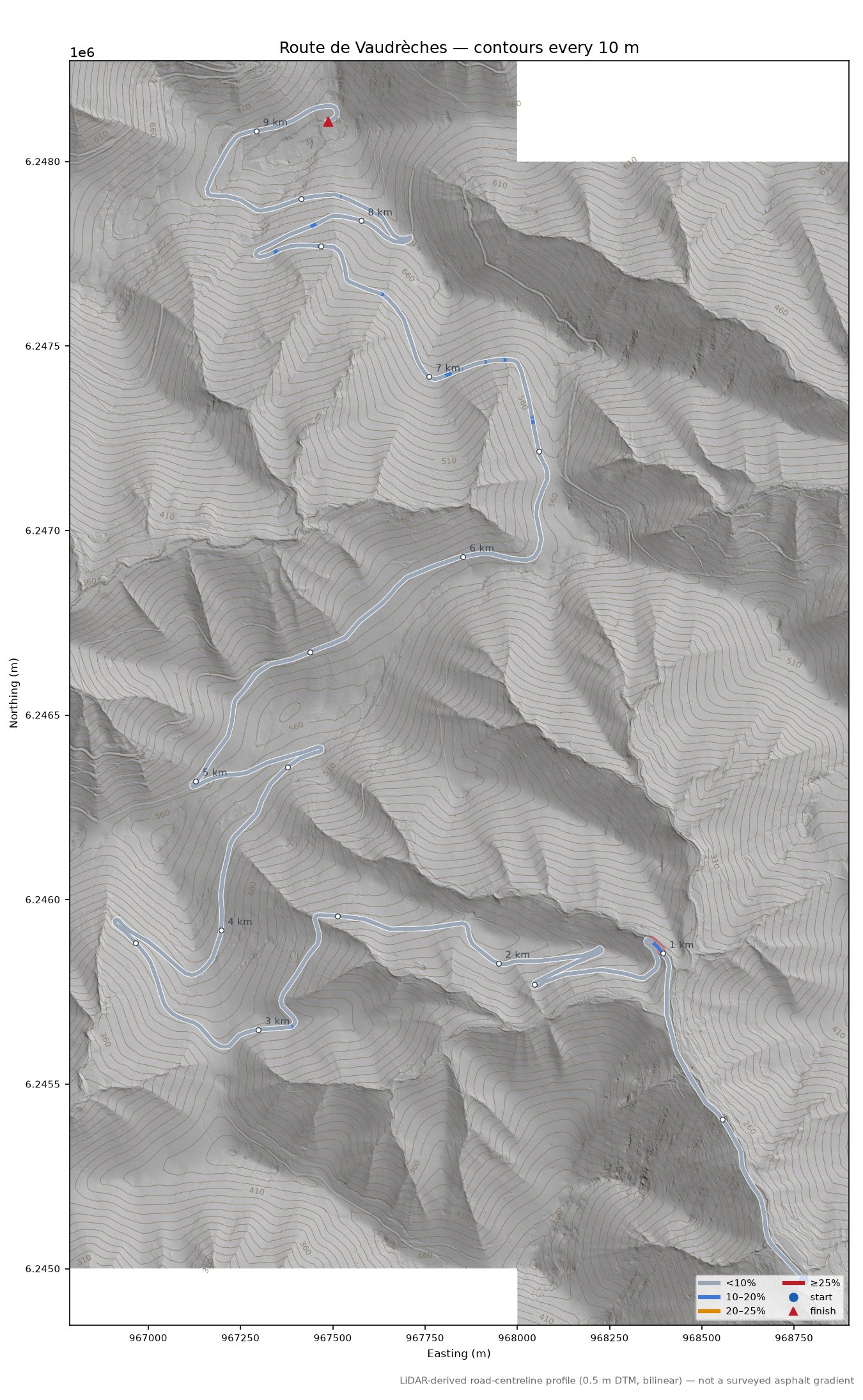 Route de Vaudrèches LiDAR hillshade map with contours