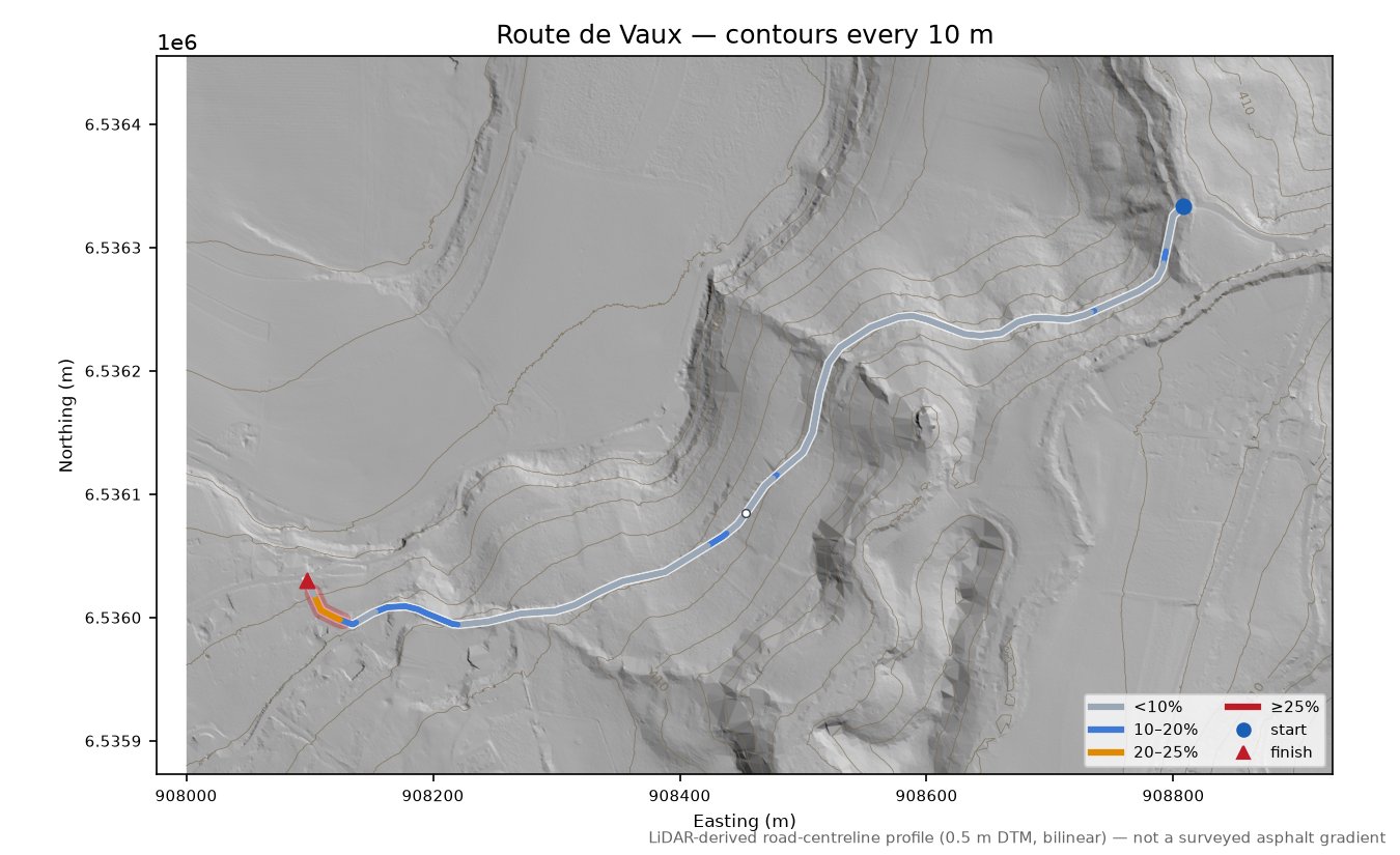 Route de Vaux LiDAR hillshade map with contours