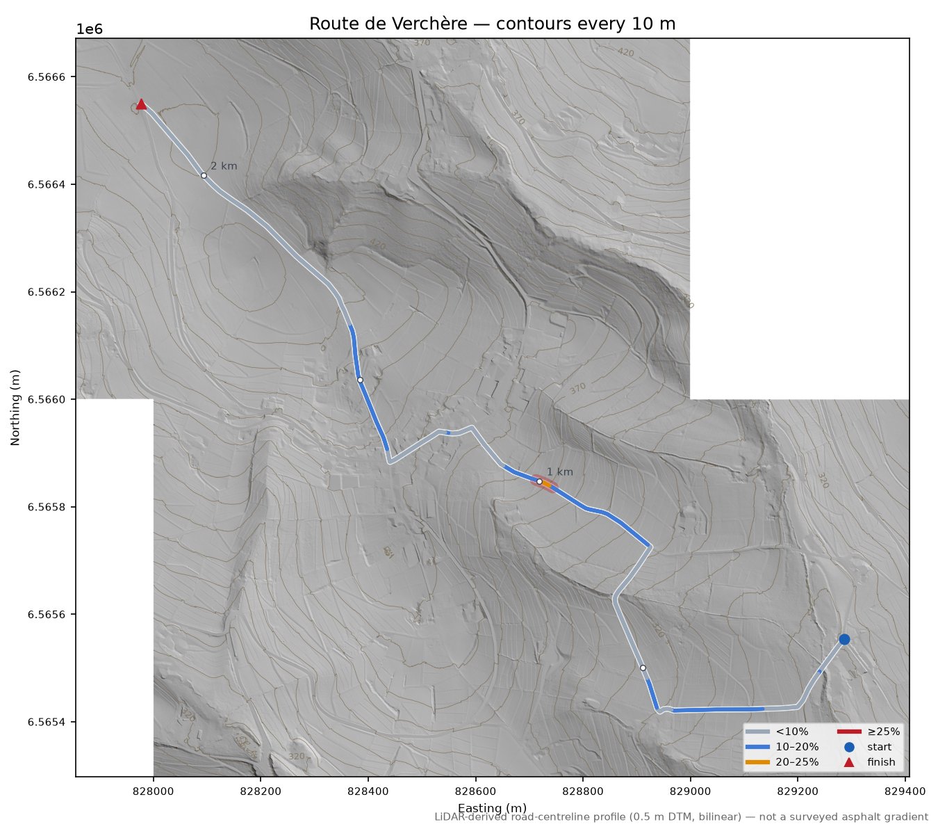 Route de Verchère LiDAR hillshade map with contours