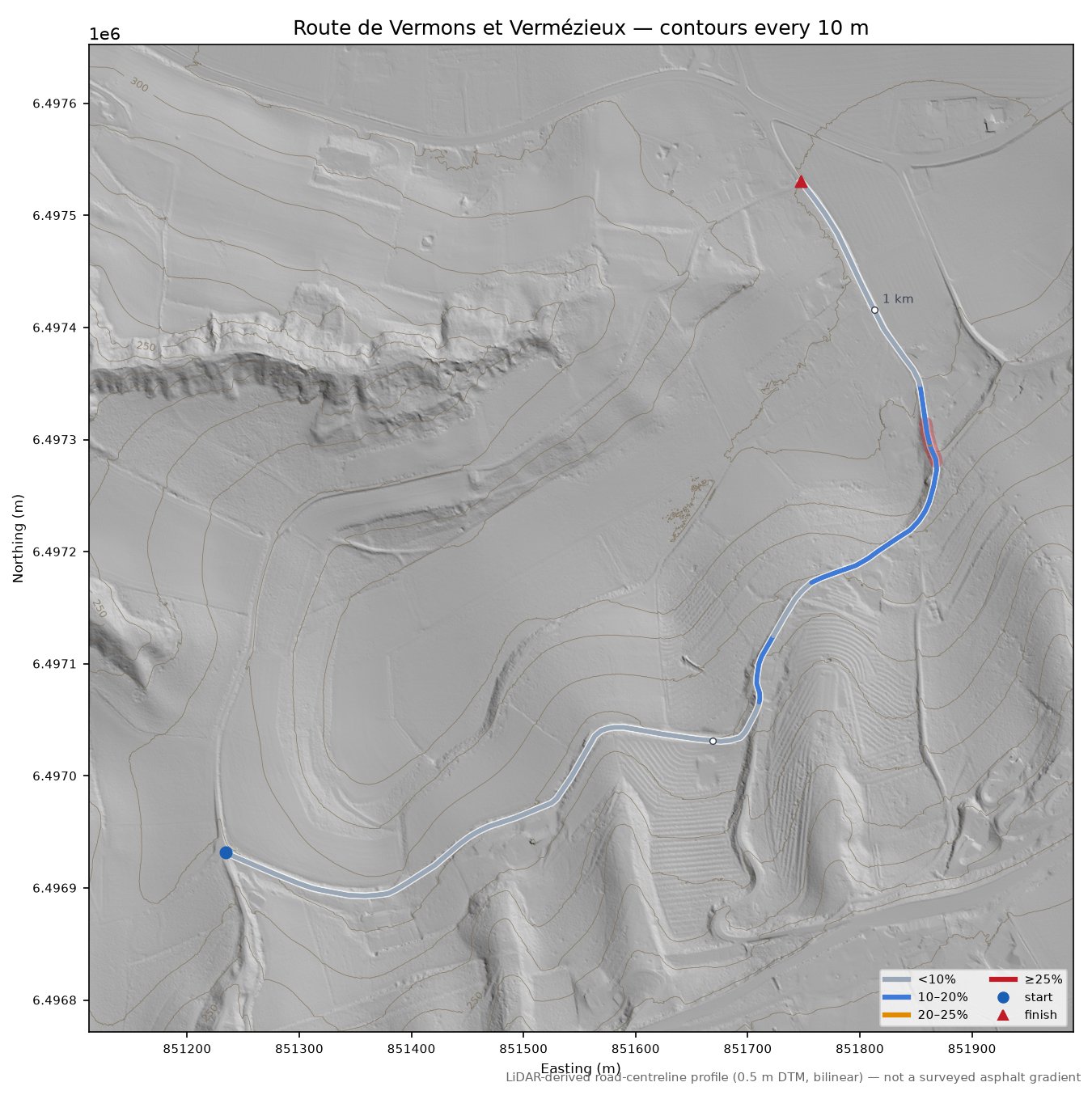 Route de Vermons et Vermézieux LiDAR hillshade map with contours