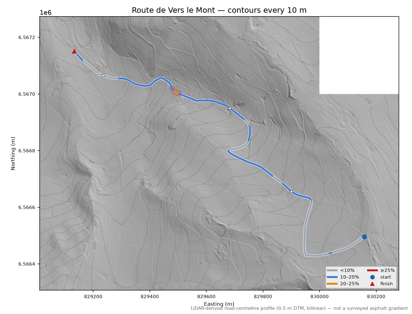 Route de Vers le Mont LiDAR hillshade map with contours