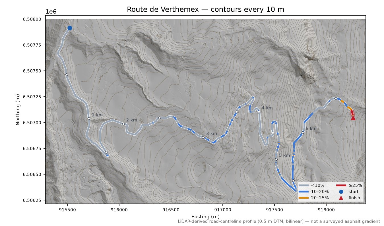 Route de Verthemex LiDAR hillshade map with contours