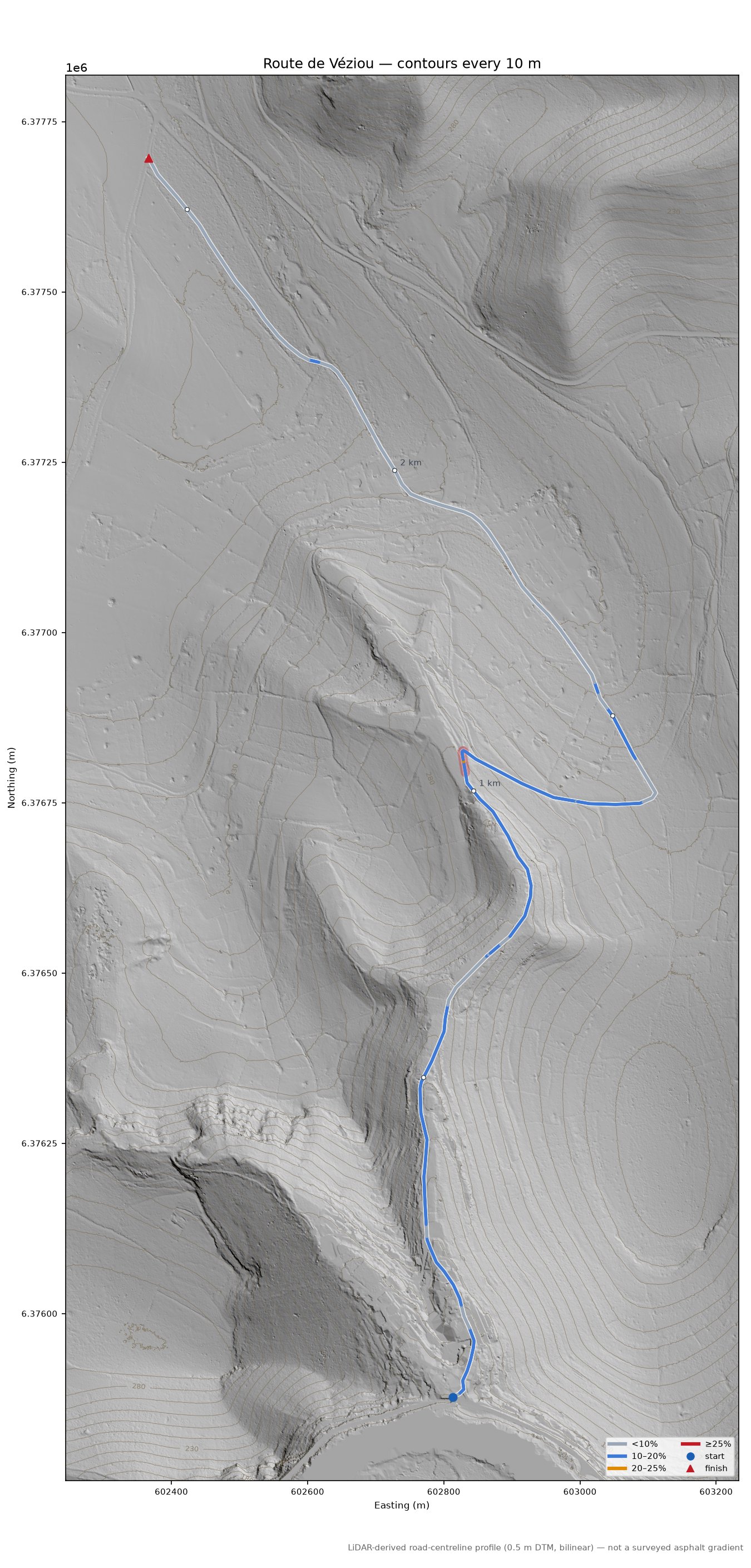 Route de Véziou LiDAR hillshade map with contours