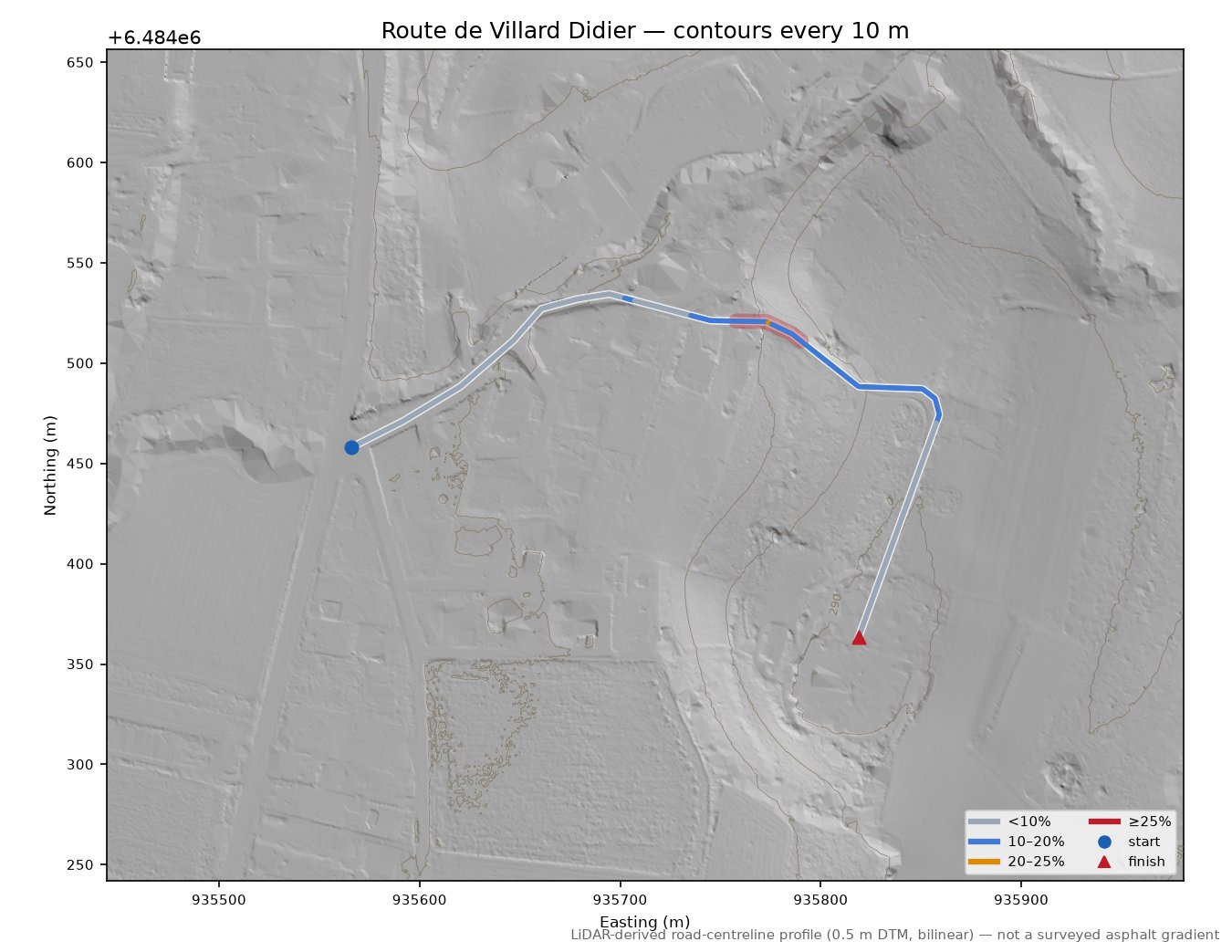 Route de Villard Didier LiDAR hillshade map with contours
