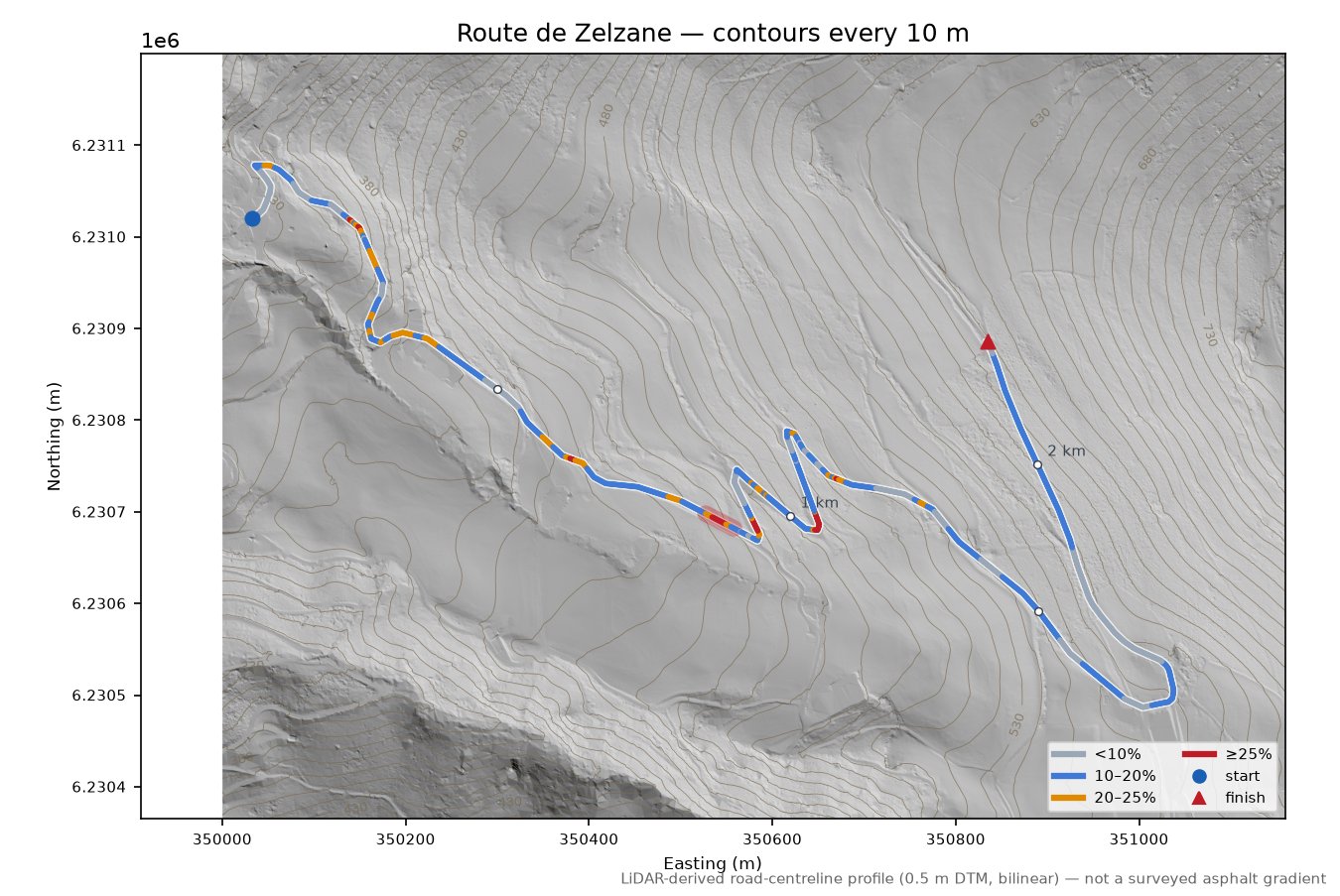 Route de Zelzane LiDAR hillshade map with contours