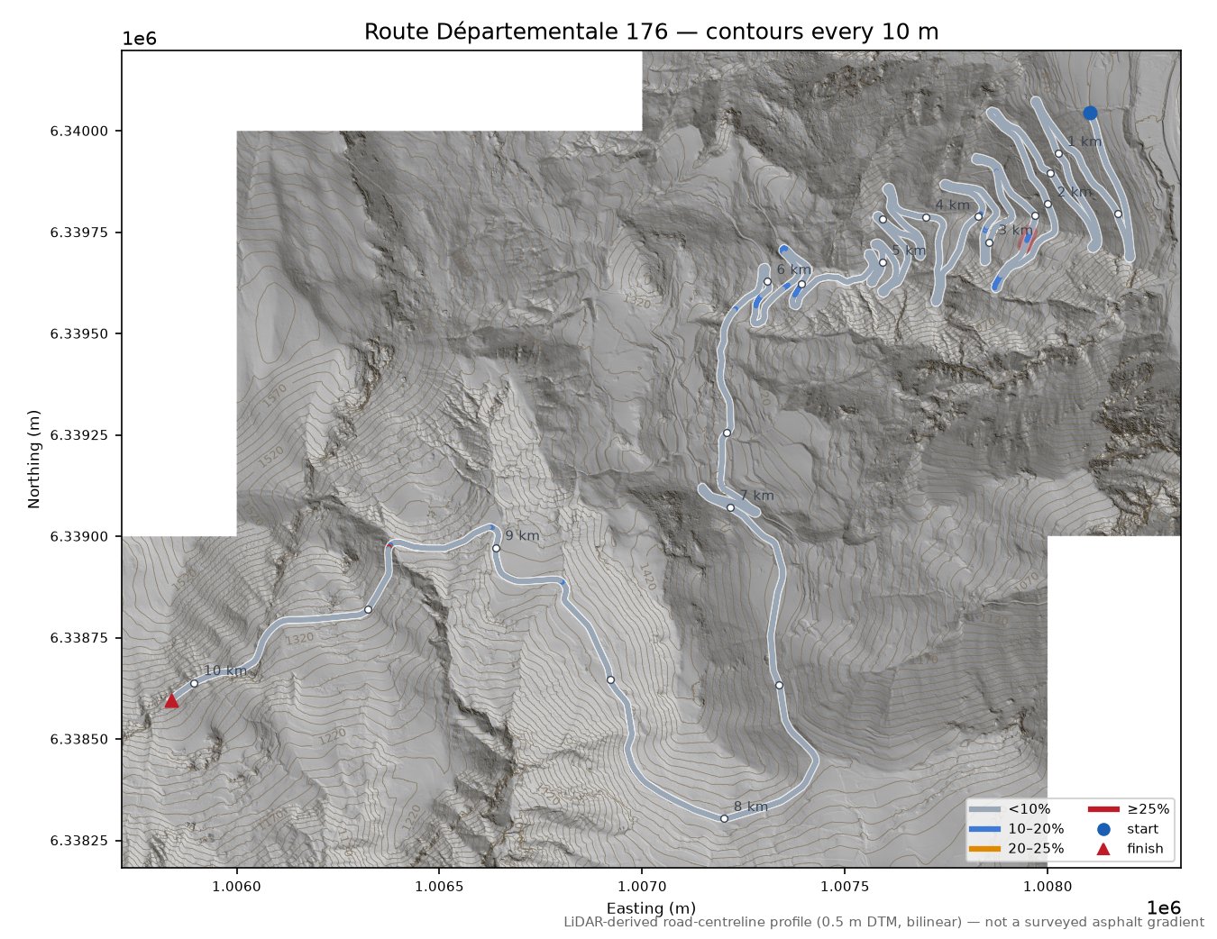 Route Départementale 176 LiDAR hillshade map with contours