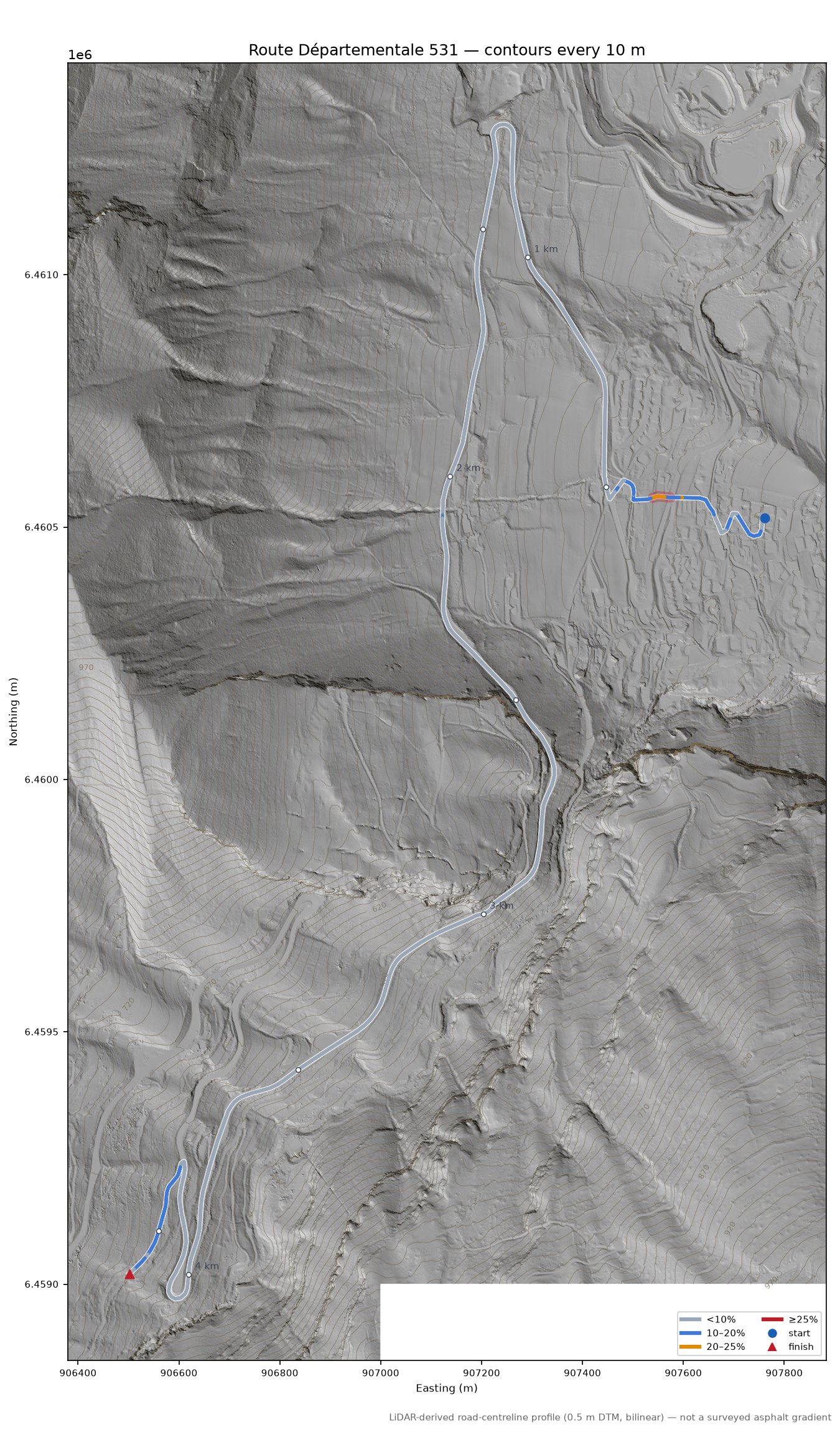 Route Départementale 531 LiDAR hillshade map with contours
