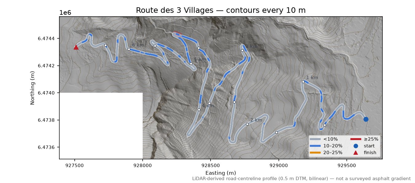 Route des 3 Villages LiDAR hillshade map with contours