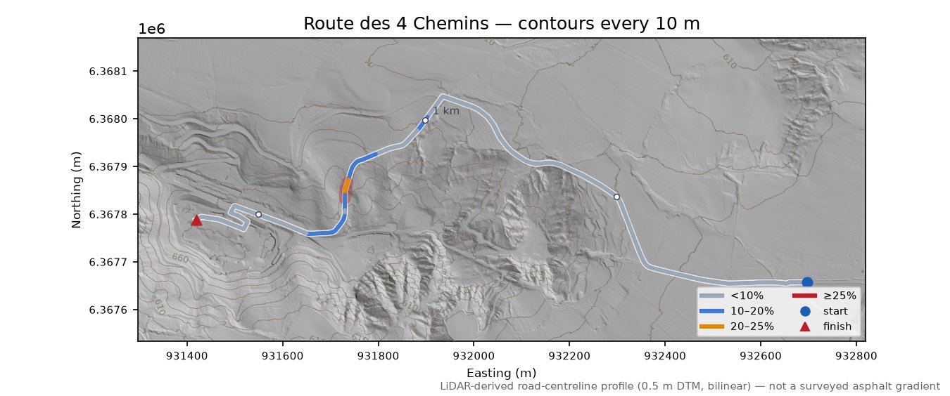 Route des 4 Chemins LiDAR hillshade map with contours