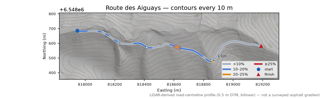 Route des Aiguays LiDAR hillshade map with contours