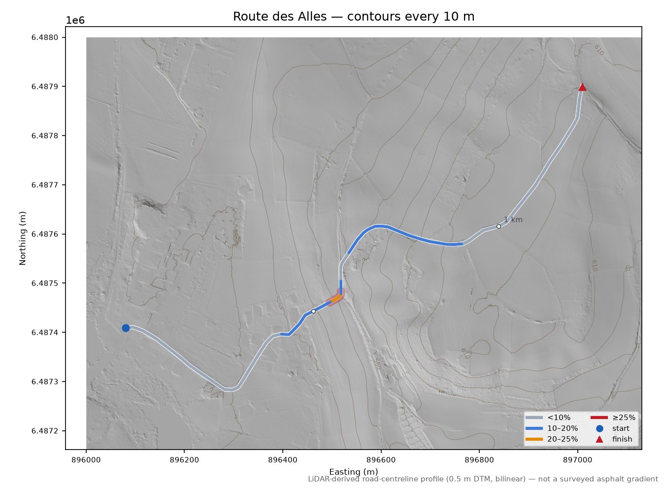 Route des Alles LiDAR hillshade map with contours