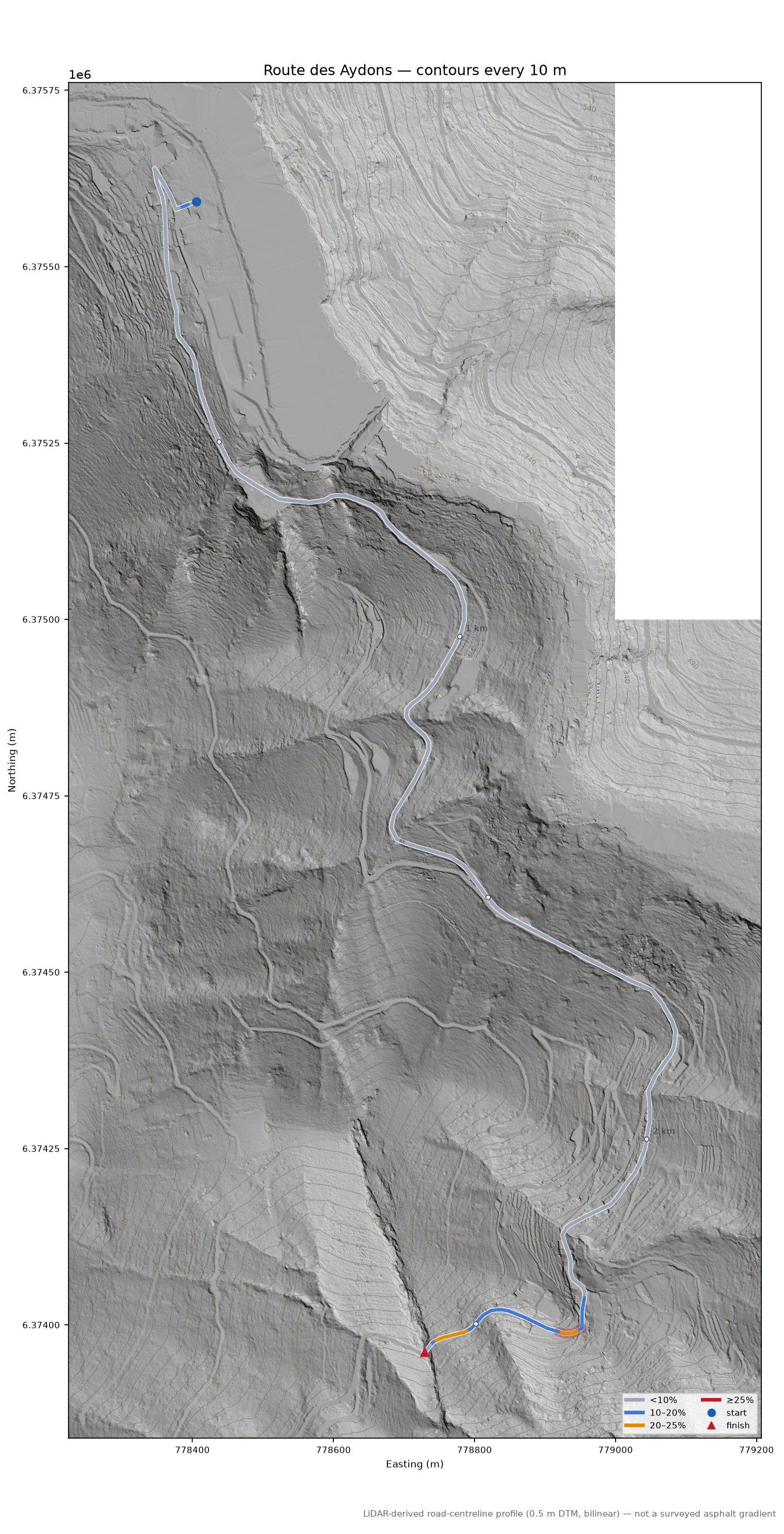 Route des Aydons LiDAR hillshade map with contours
