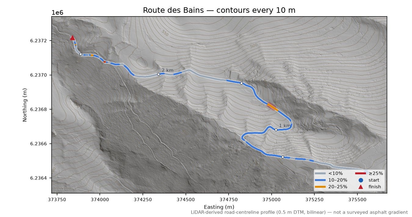 Route des Bains LiDAR hillshade map with contours