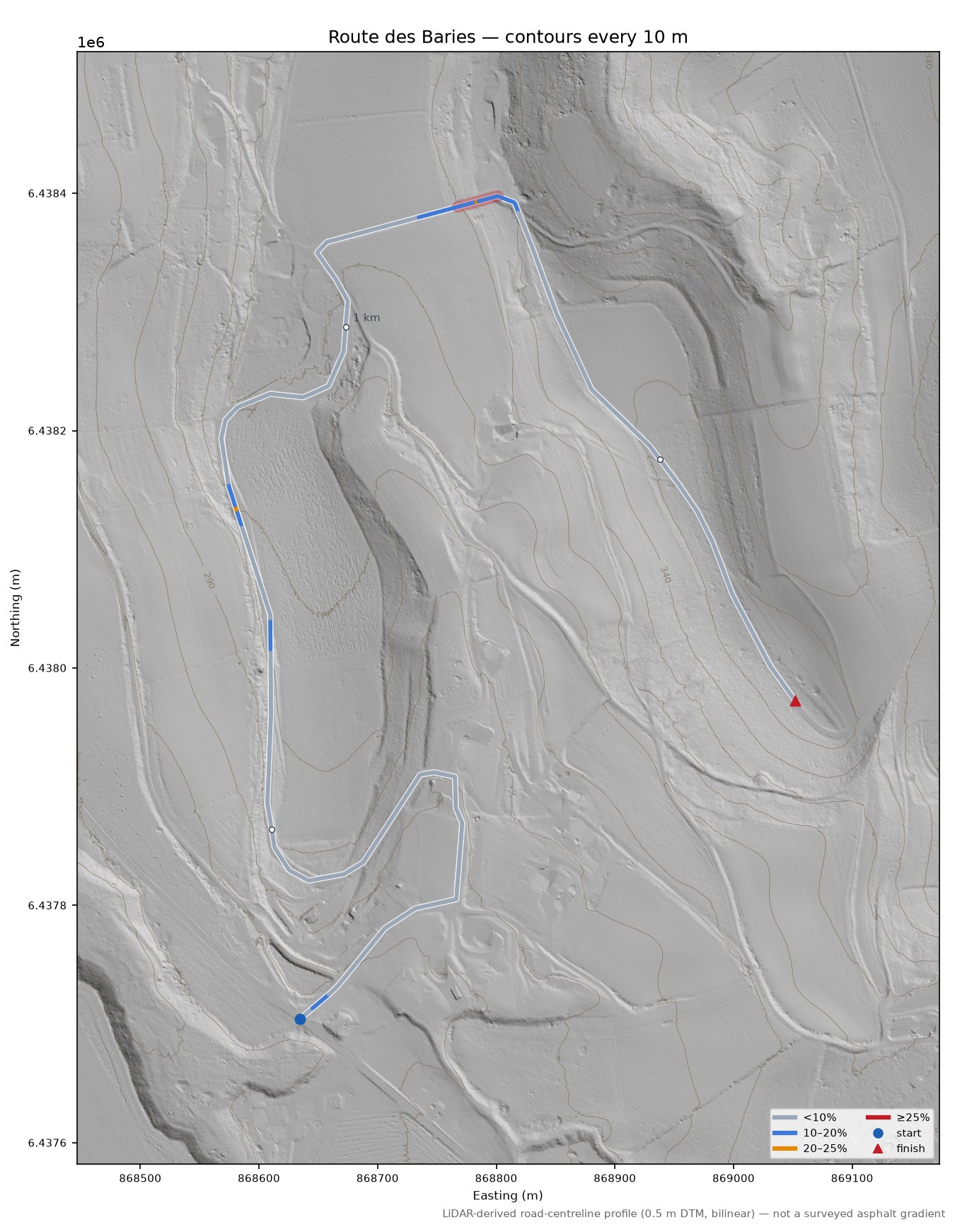 Route des Baries LiDAR hillshade map with contours