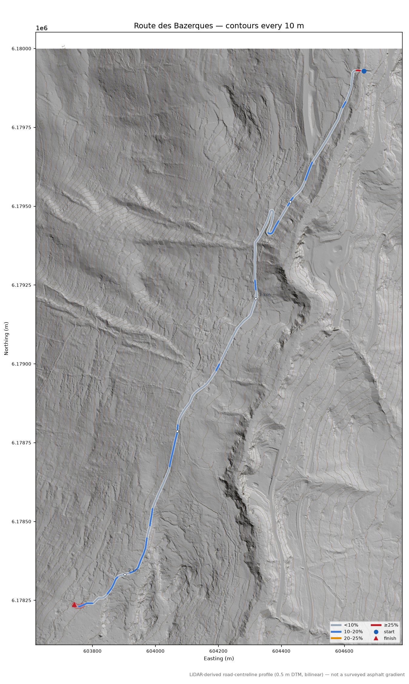Route des Bazerques LiDAR hillshade map with contours