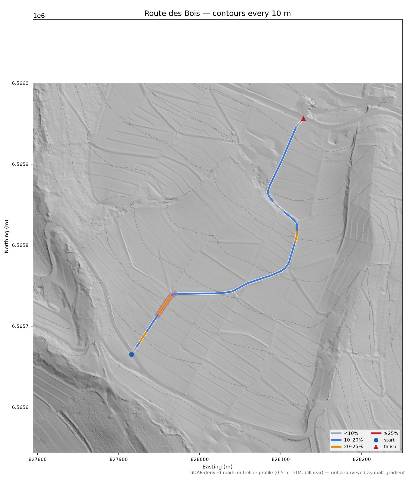 Route des Bois LiDAR hillshade map with contours