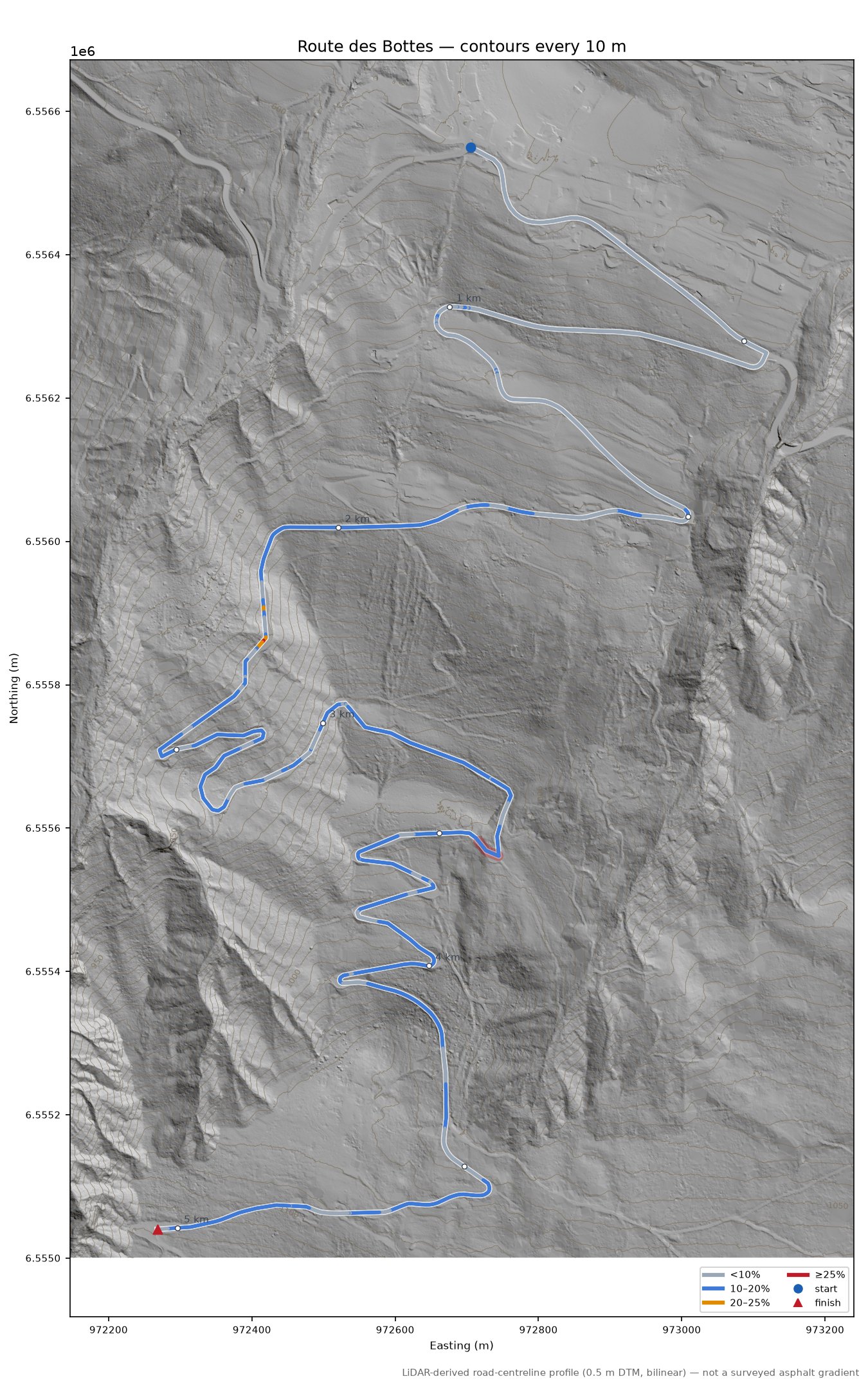Route des Bottes LiDAR hillshade map with contours