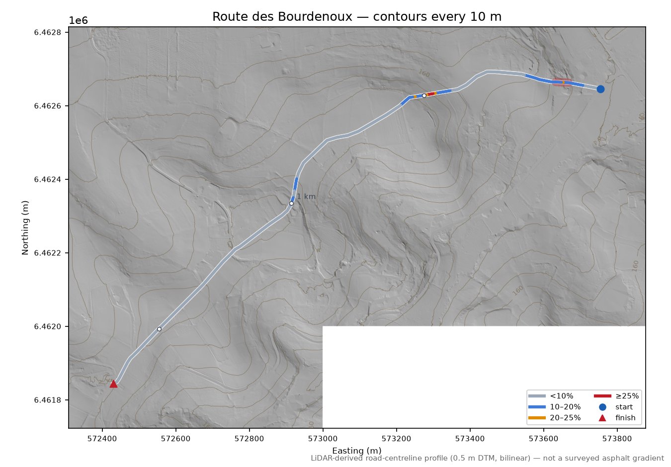 Route des Bourdenoux LiDAR hillshade map with contours