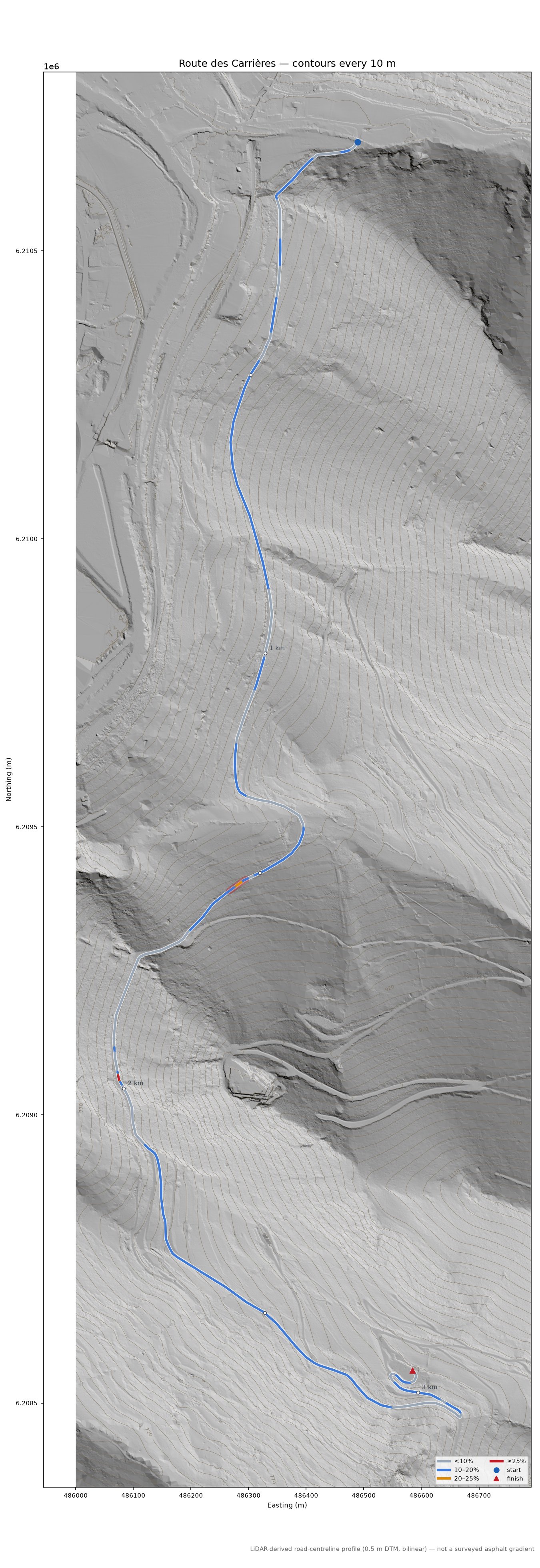 Route des Carrières LiDAR hillshade map with contours