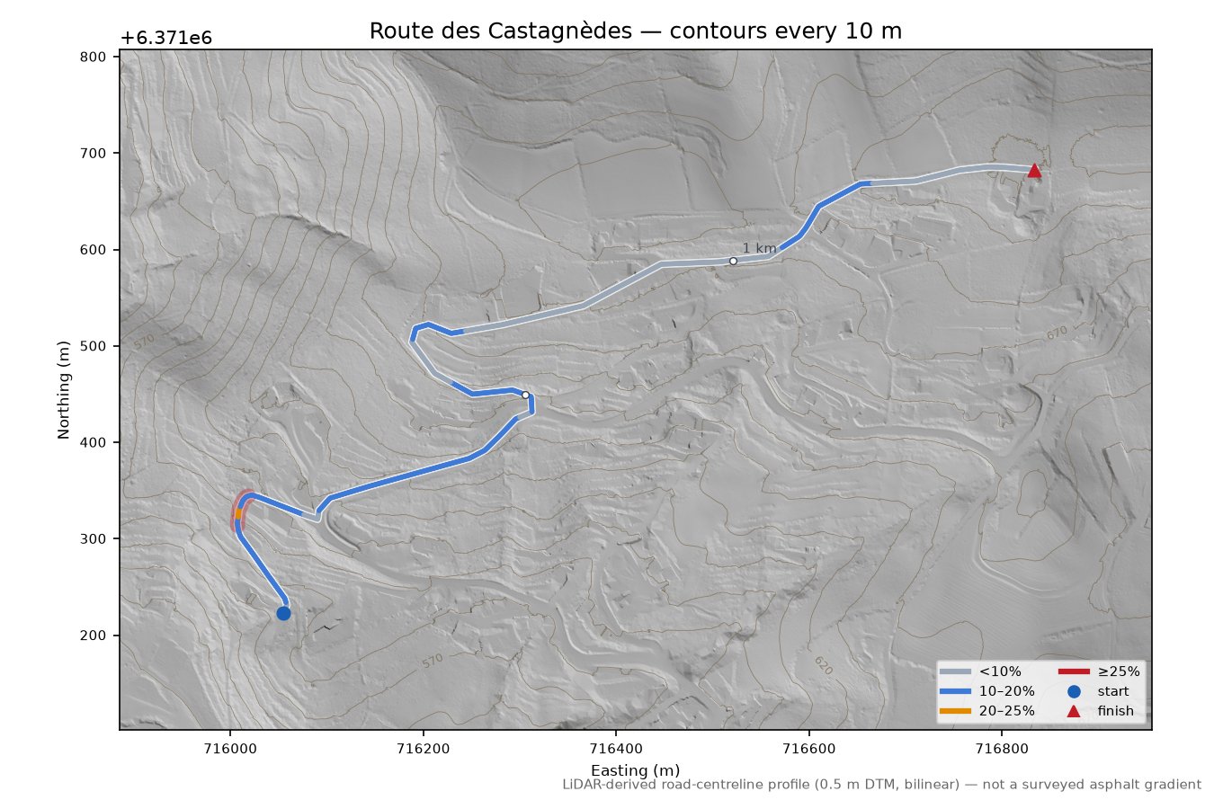 Route des Castagnèdes LiDAR hillshade map with contours