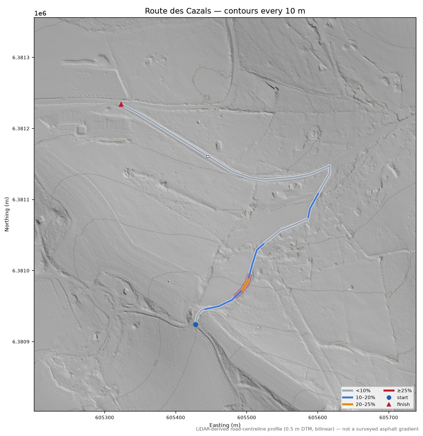 Route des Cazals LiDAR hillshade map with contours