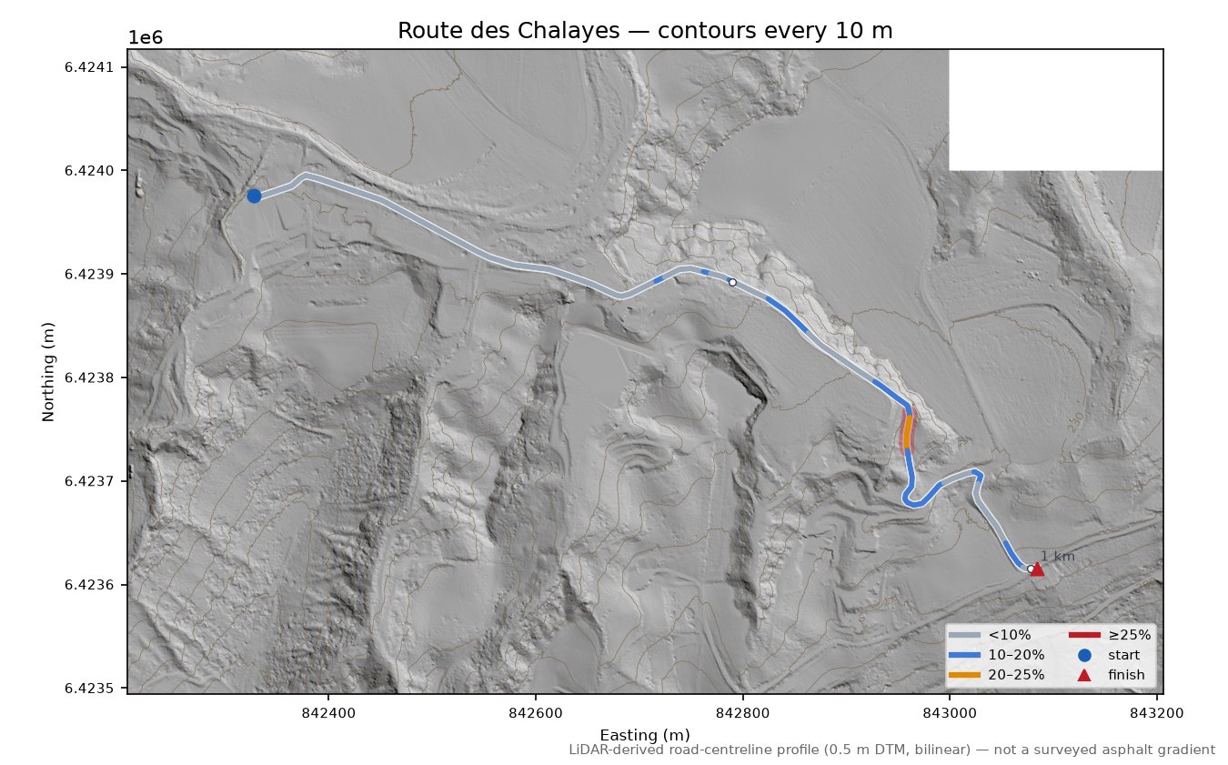 Route des Chalayes LiDAR hillshade map with contours