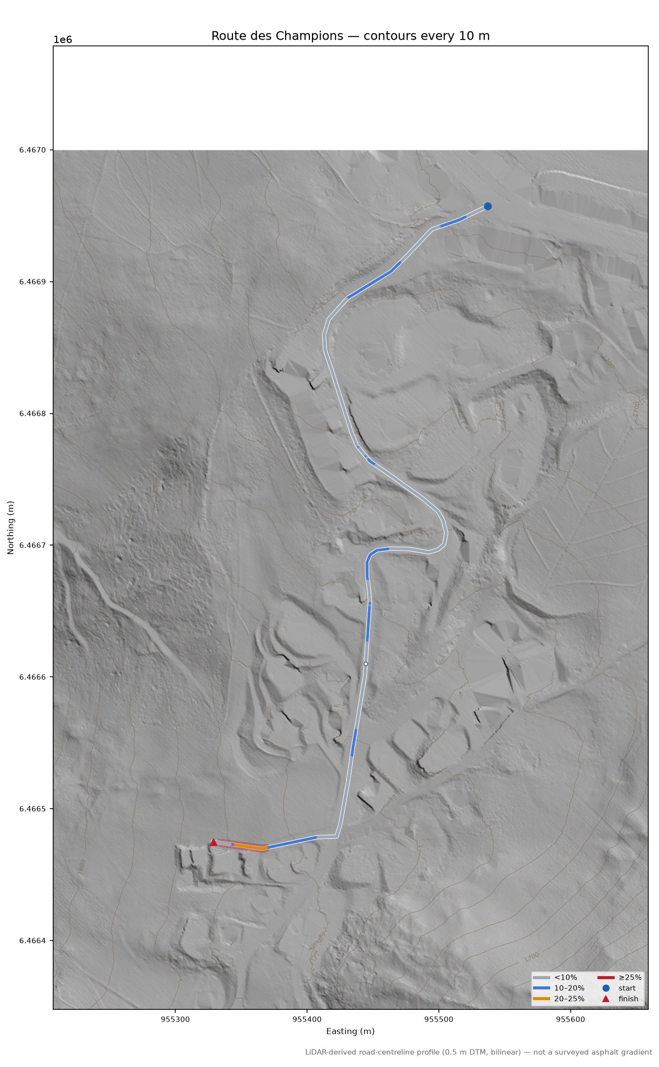 Route des Champions LiDAR hillshade map with contours