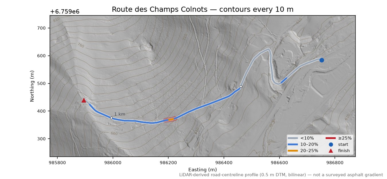 Route des Champs Colnots LiDAR hillshade map with contours