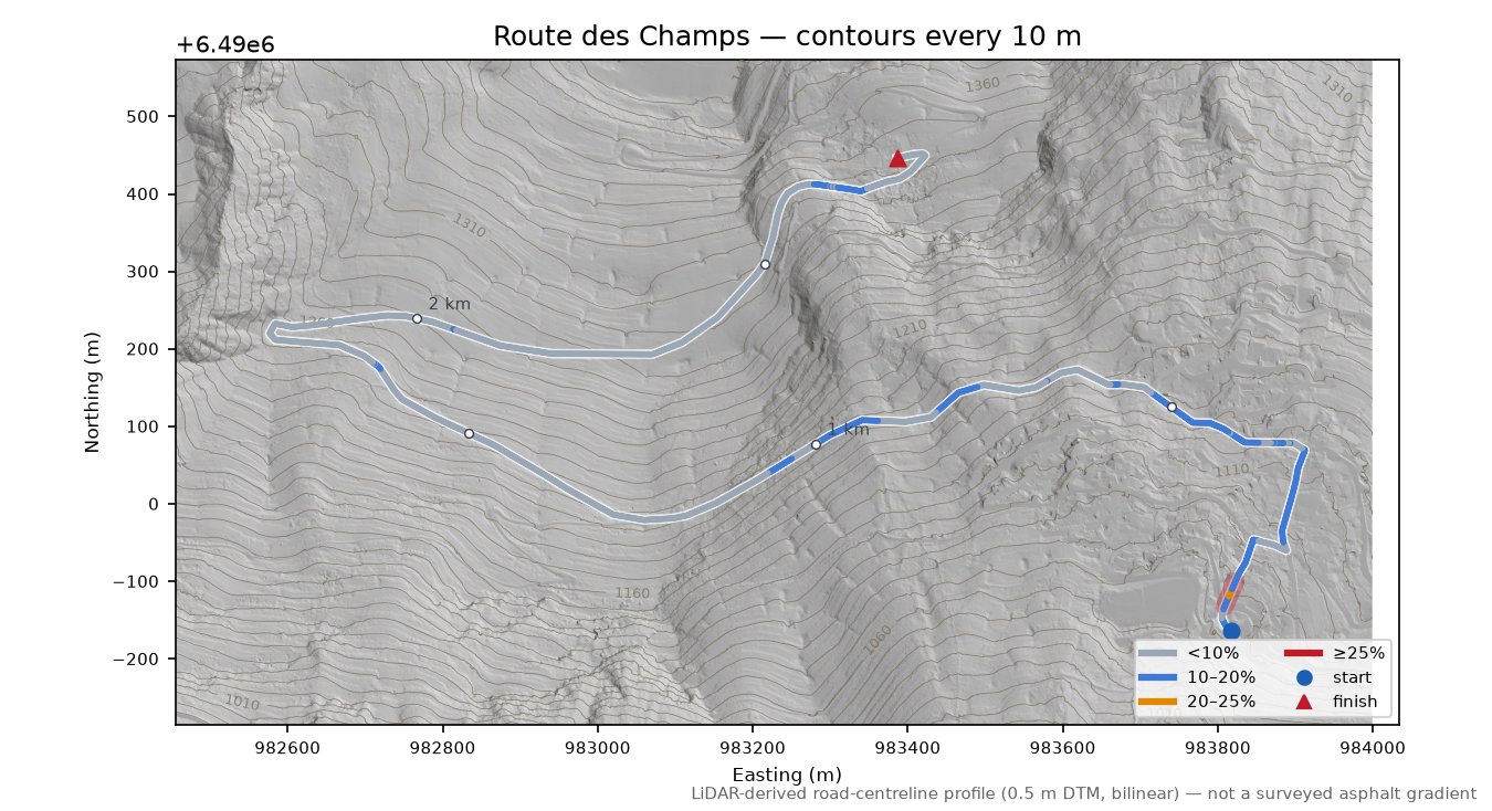 Route des Champs LiDAR hillshade map with contours