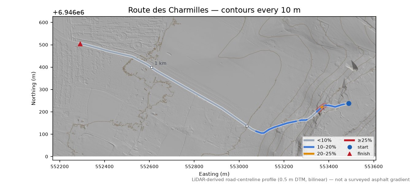 Route des Charmilles LiDAR hillshade map with contours