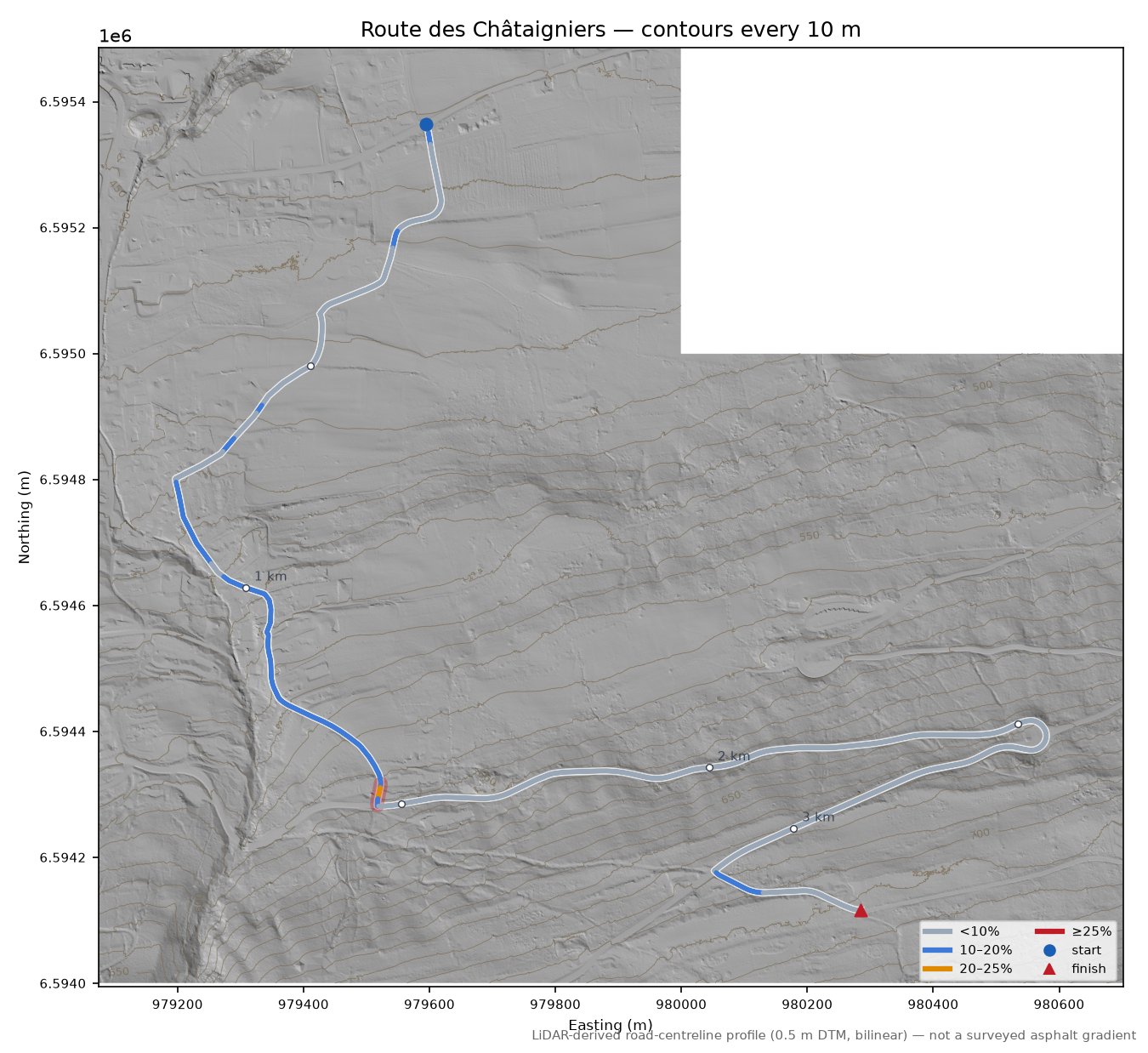 Route des Châtaigniers LiDAR hillshade map with contours