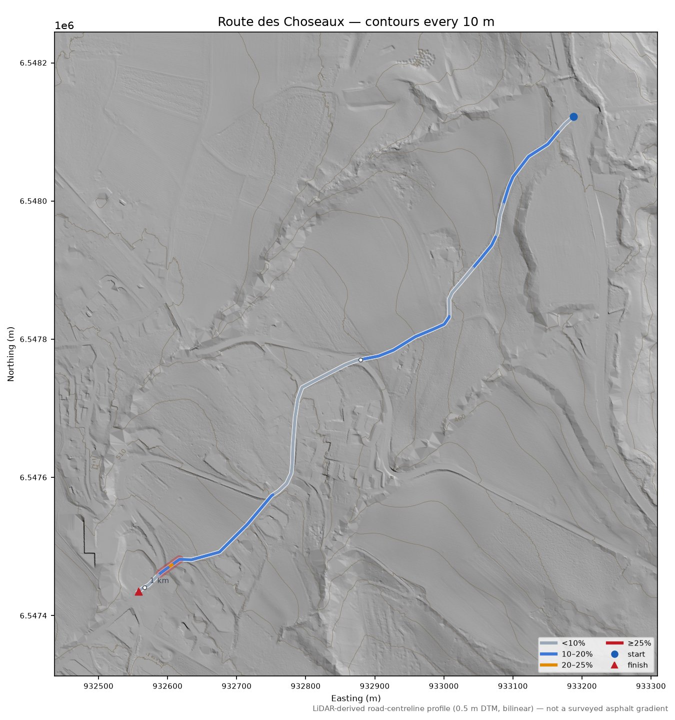 Route des Choseaux LiDAR hillshade map with contours