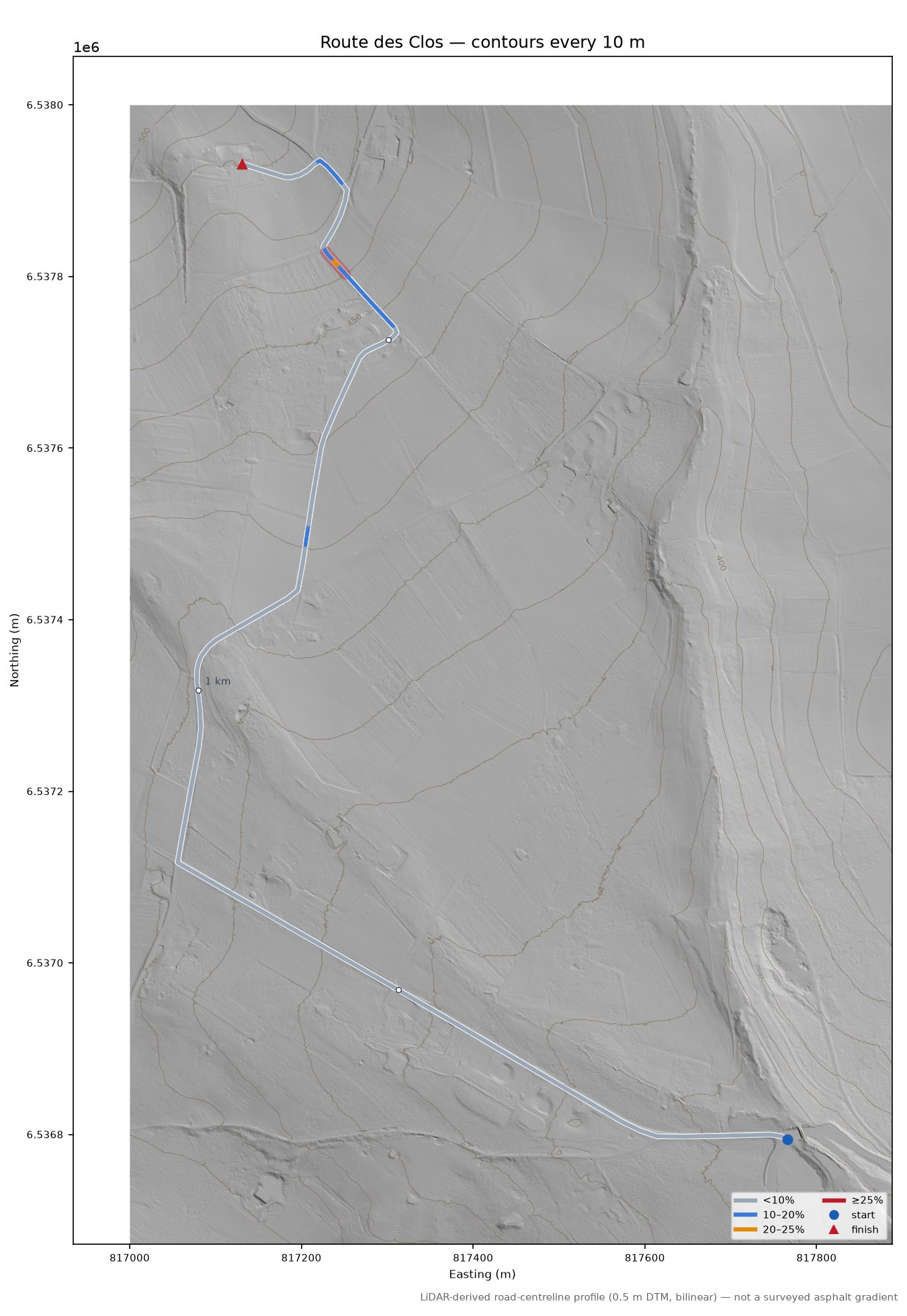 Route des Clos LiDAR hillshade map with contours