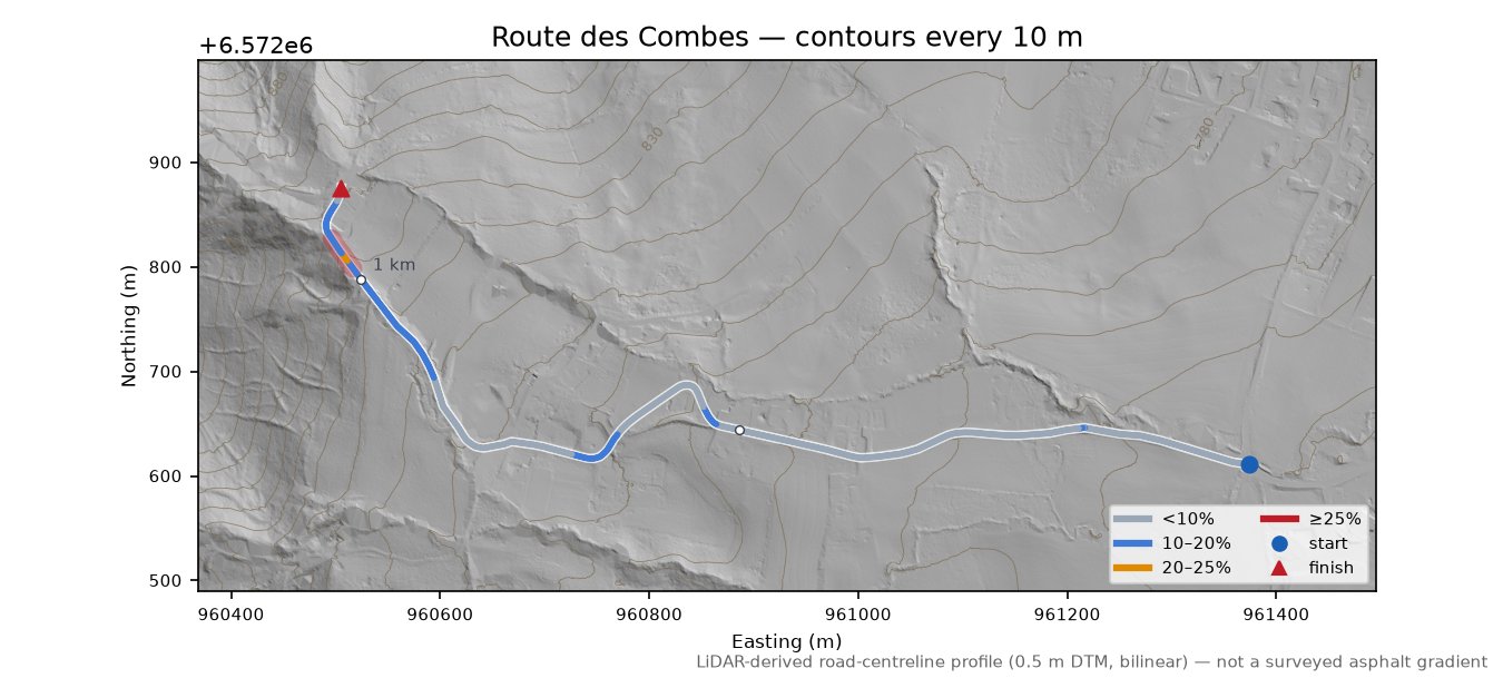 Route des Combes LiDAR hillshade map with contours