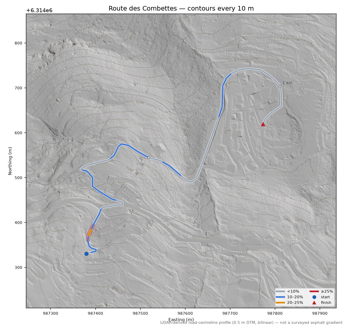 Route des Combettes LiDAR hillshade map with contours