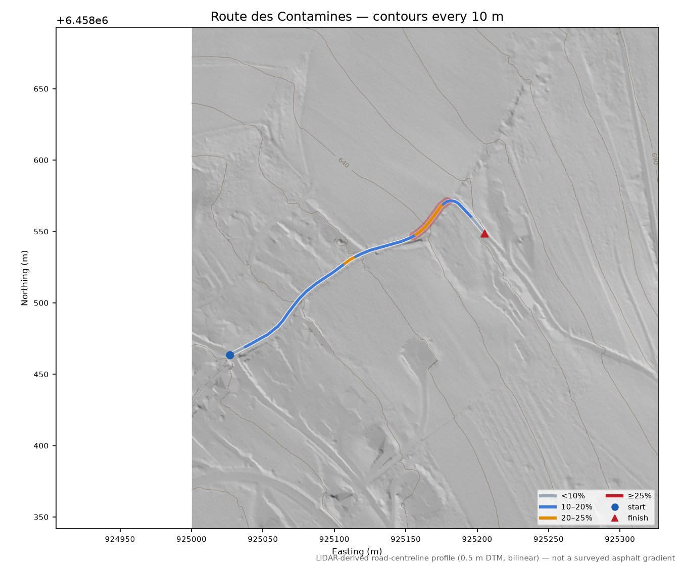 Route des Contamines LiDAR hillshade map with contours