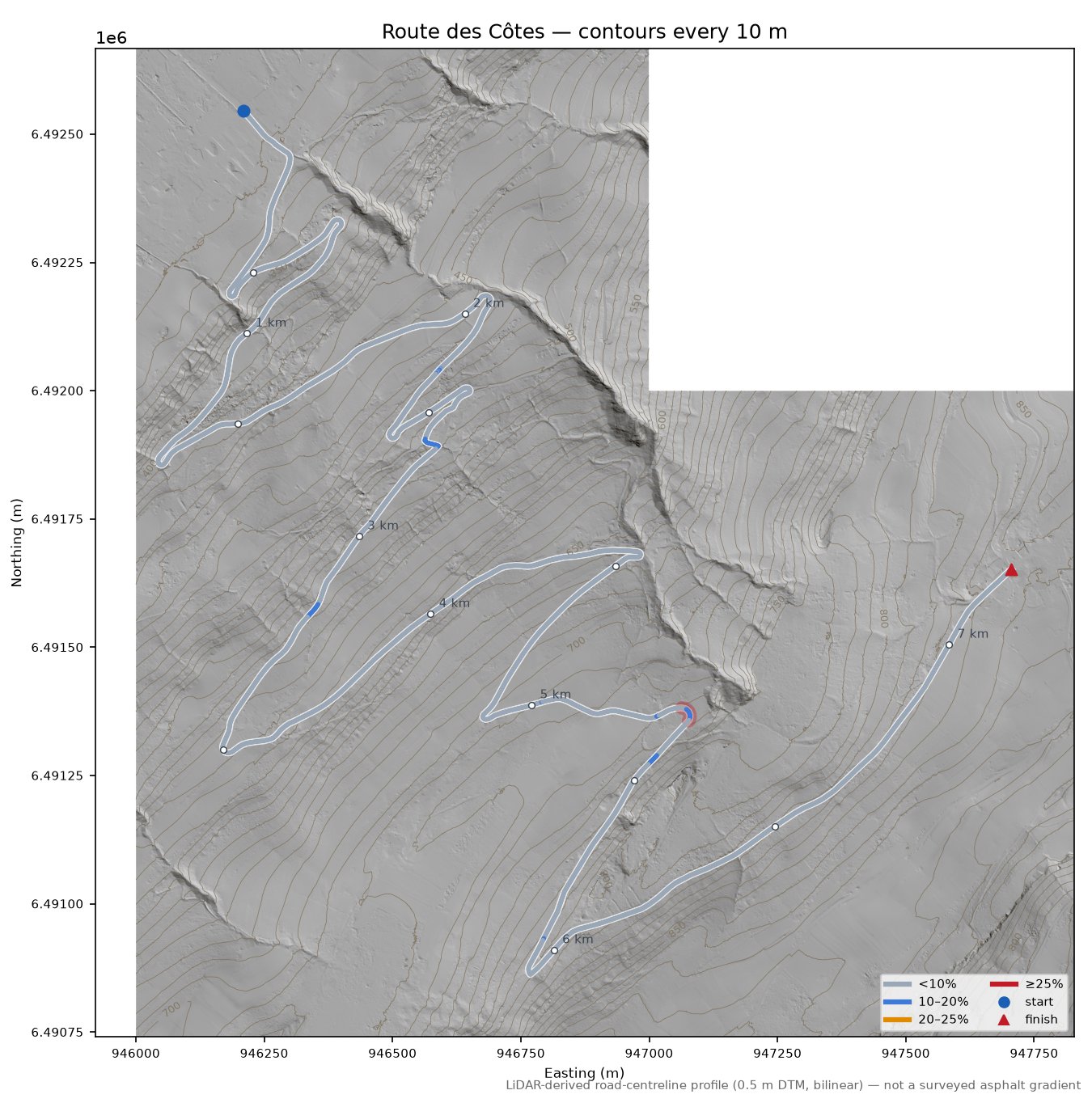 Route des Côtes LiDAR hillshade map with contours