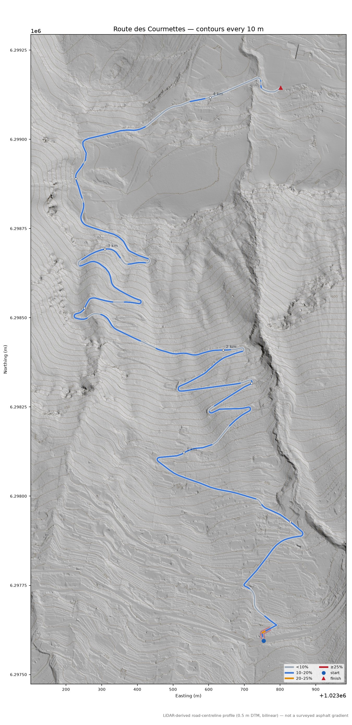 Route des Courmettes LiDAR hillshade map with contours