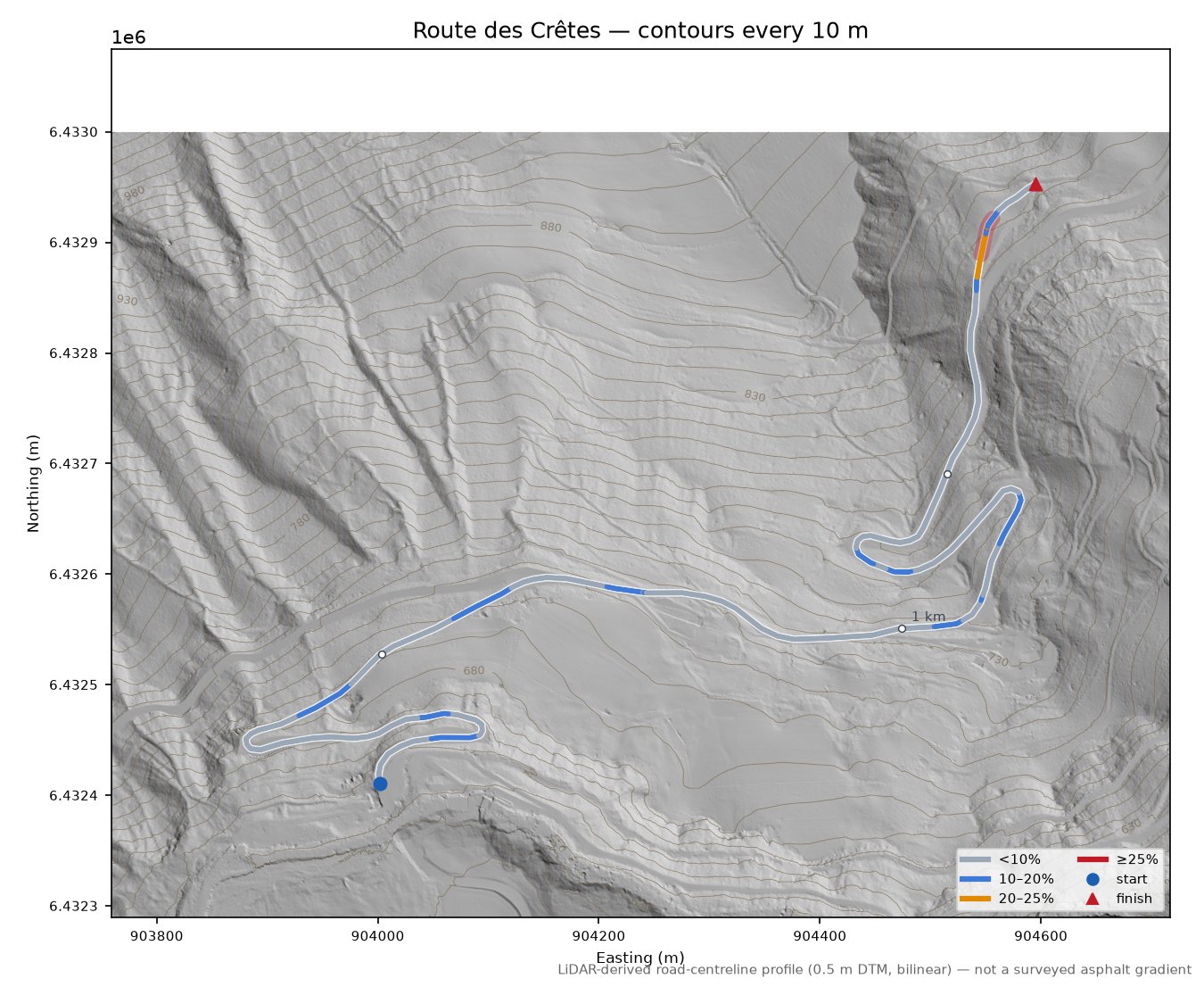 Route des Crêtes LiDAR hillshade map with contours