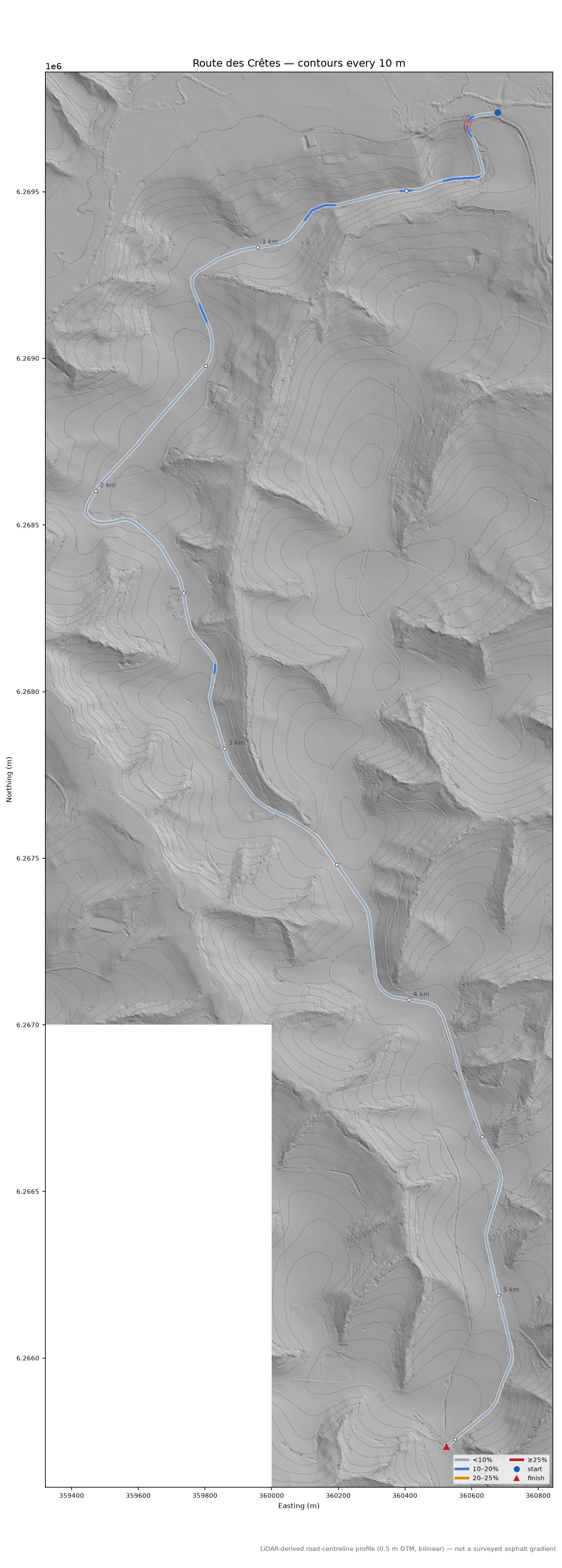 Route des Crêtes LiDAR hillshade map with contours