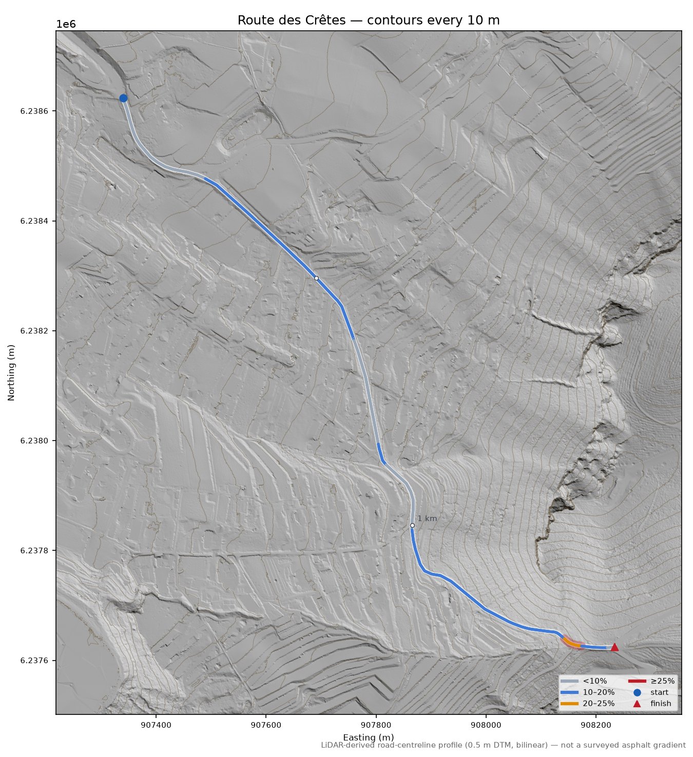 Route des Crêtes LiDAR hillshade map with contours