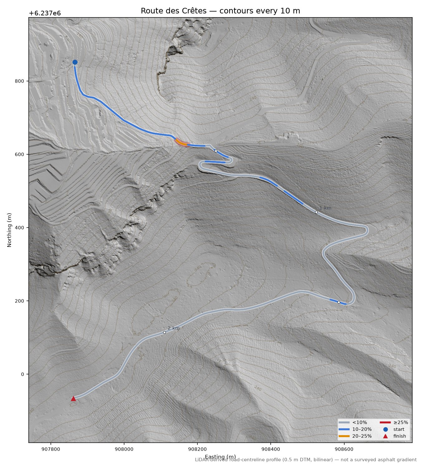 Route des Crêtes LiDAR hillshade map with contours